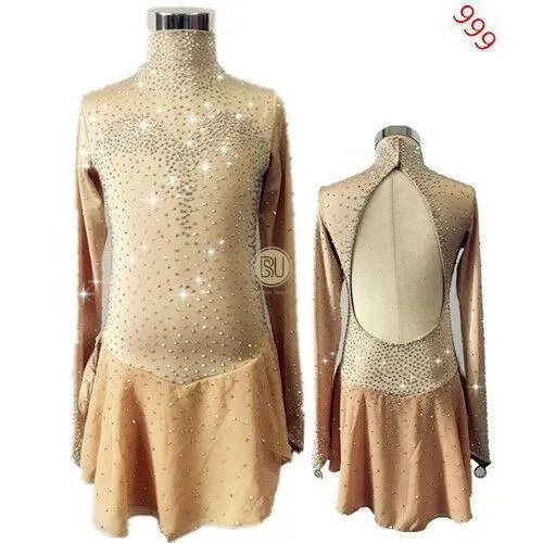 Competition Figure Skating Dress Long Mesh Sleeves Gold