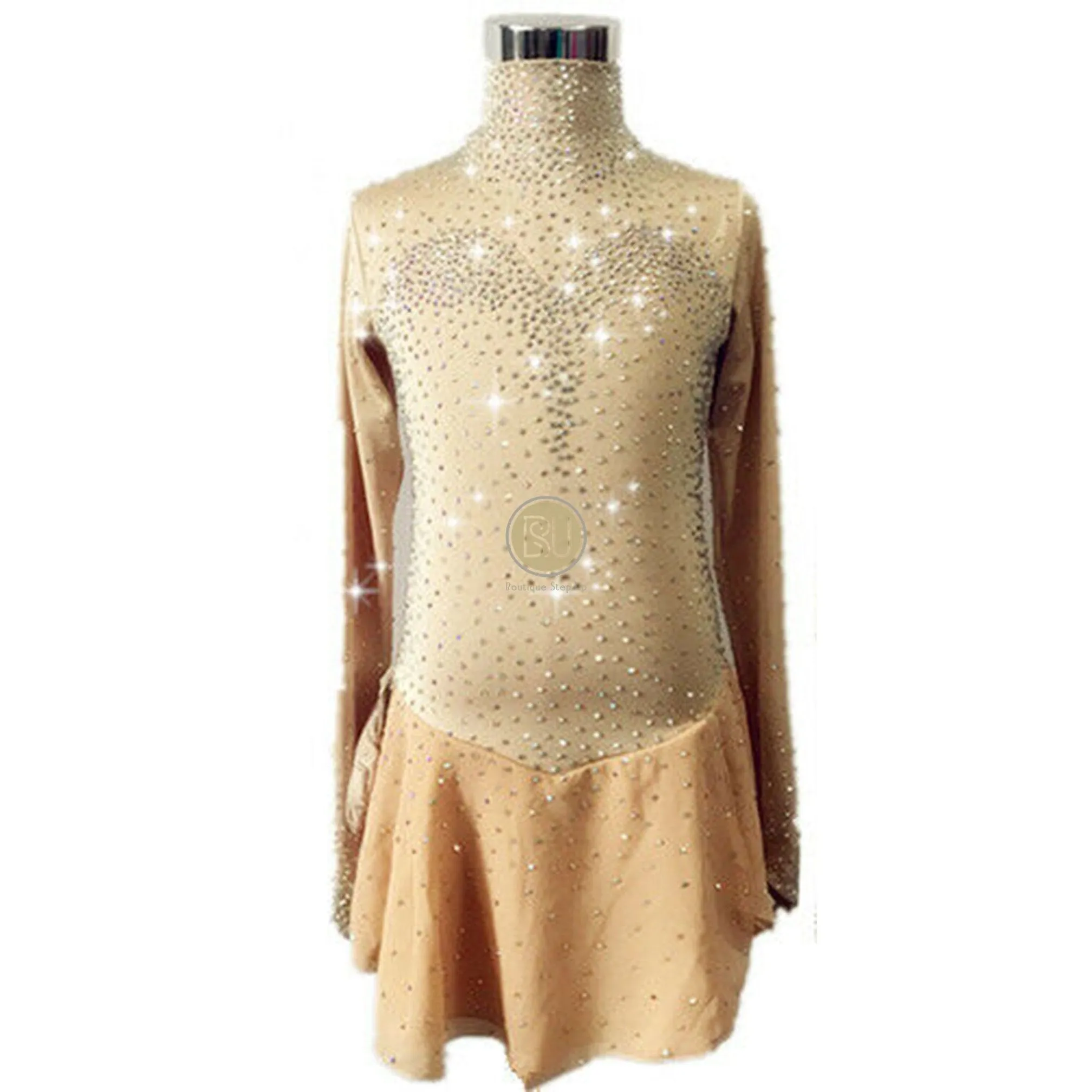 Competition Figure Skating Dress Long Mesh Sleeves Gold