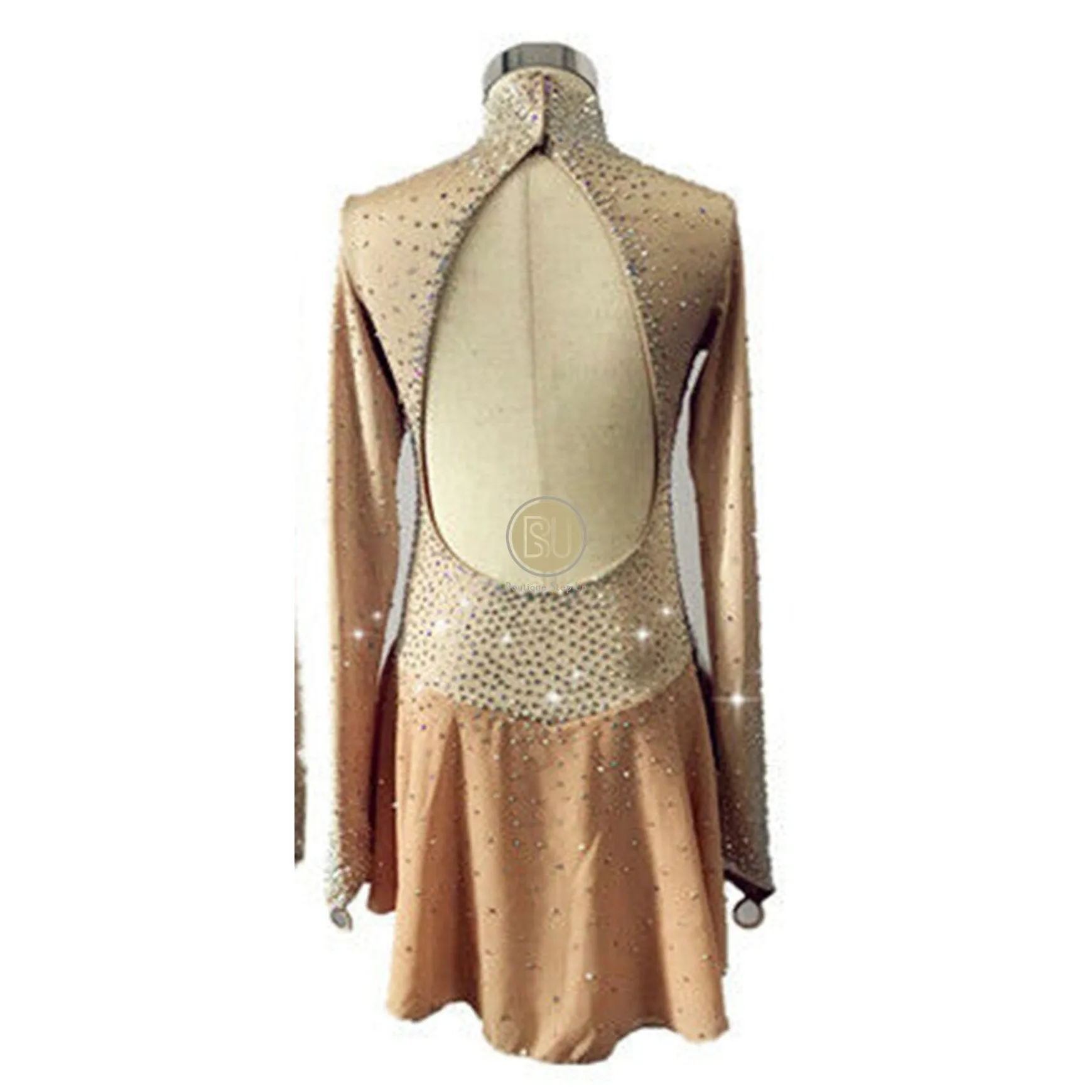 Competition Figure Skating Dress Long Mesh Sleeves Gold