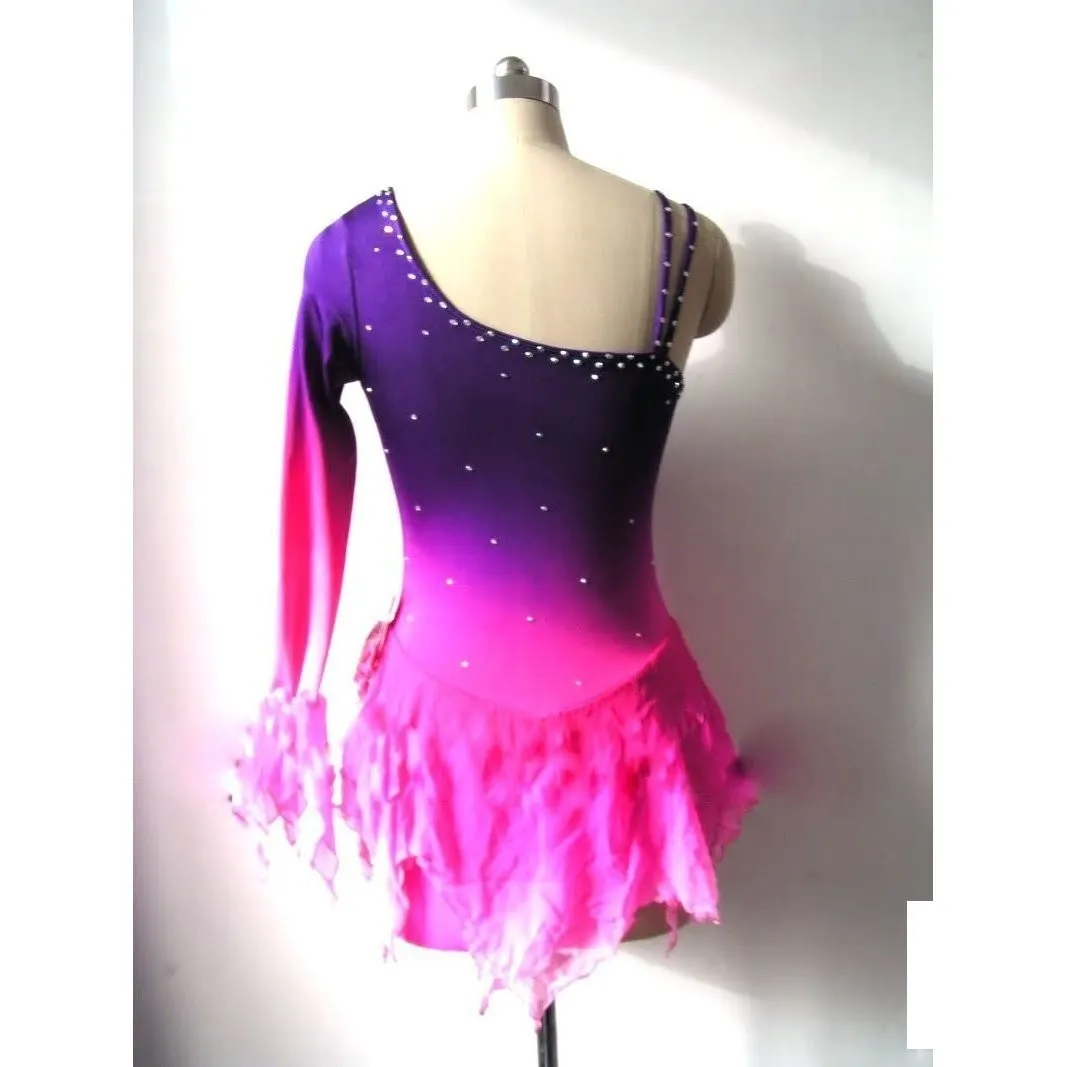 Competition Figure Skating Dress Purple Fuschia Ombre 1 Sleeve Crystals