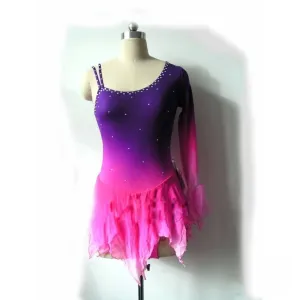 Competition Figure Skating Dress Purple Fuschia Ombre 1 Sleeve Crystals