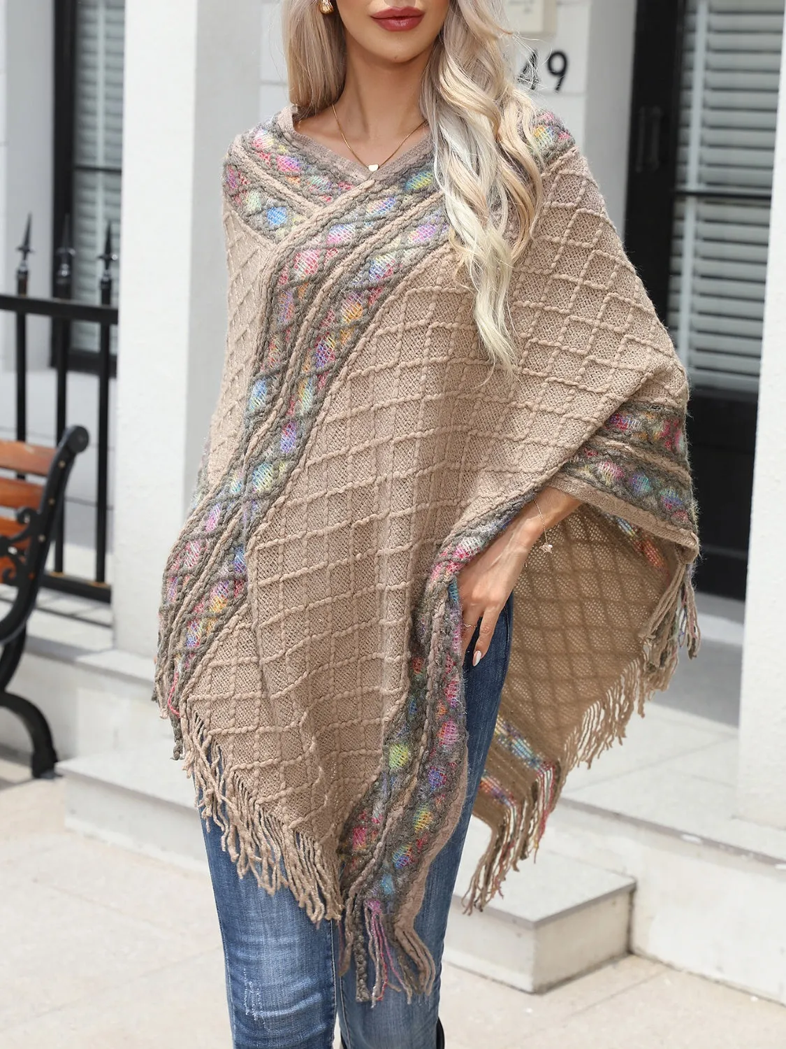 Contrast V-Neck Poncho with Fringes