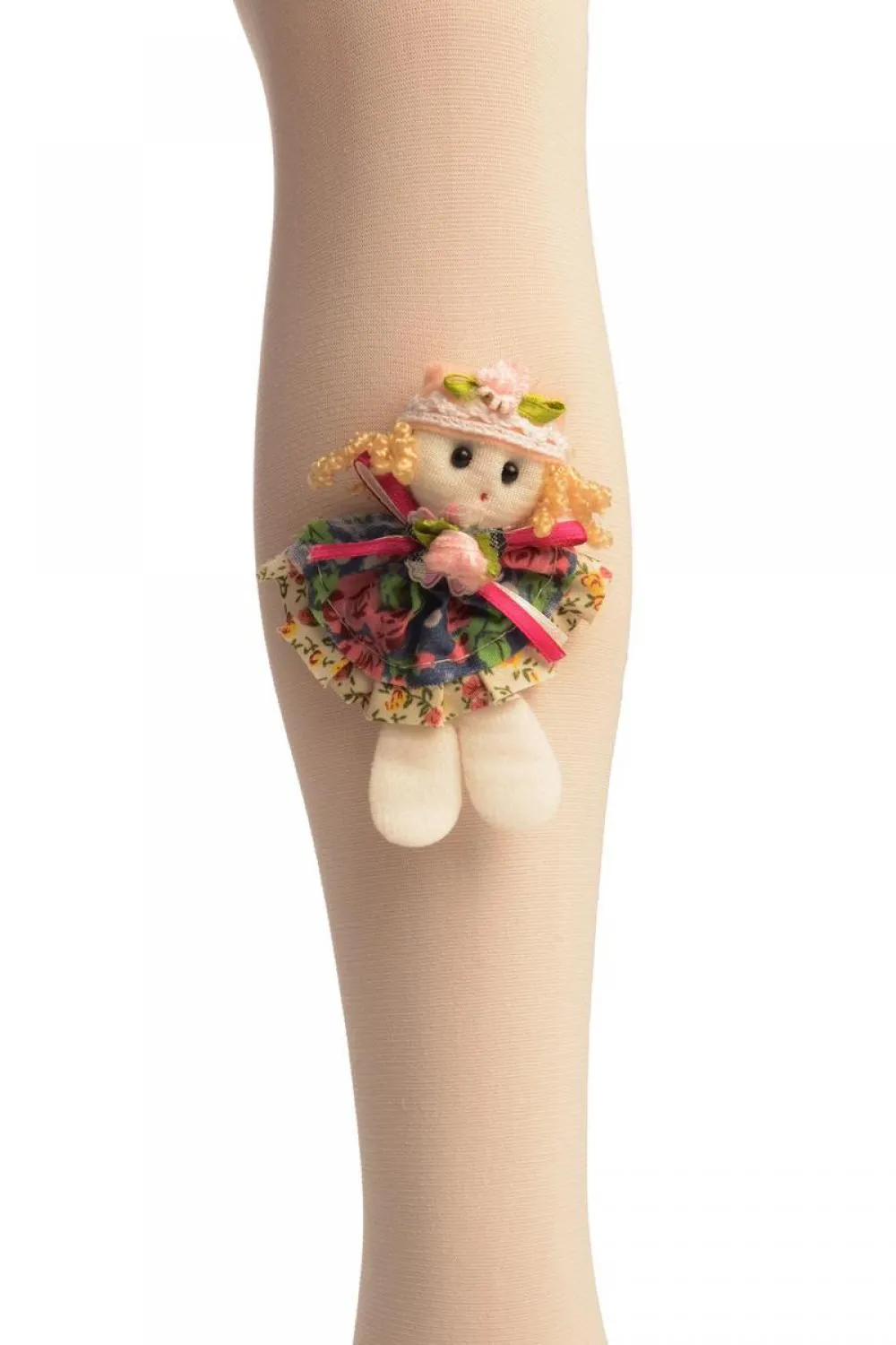 Cream With Little Doll Applique - Girls Tights