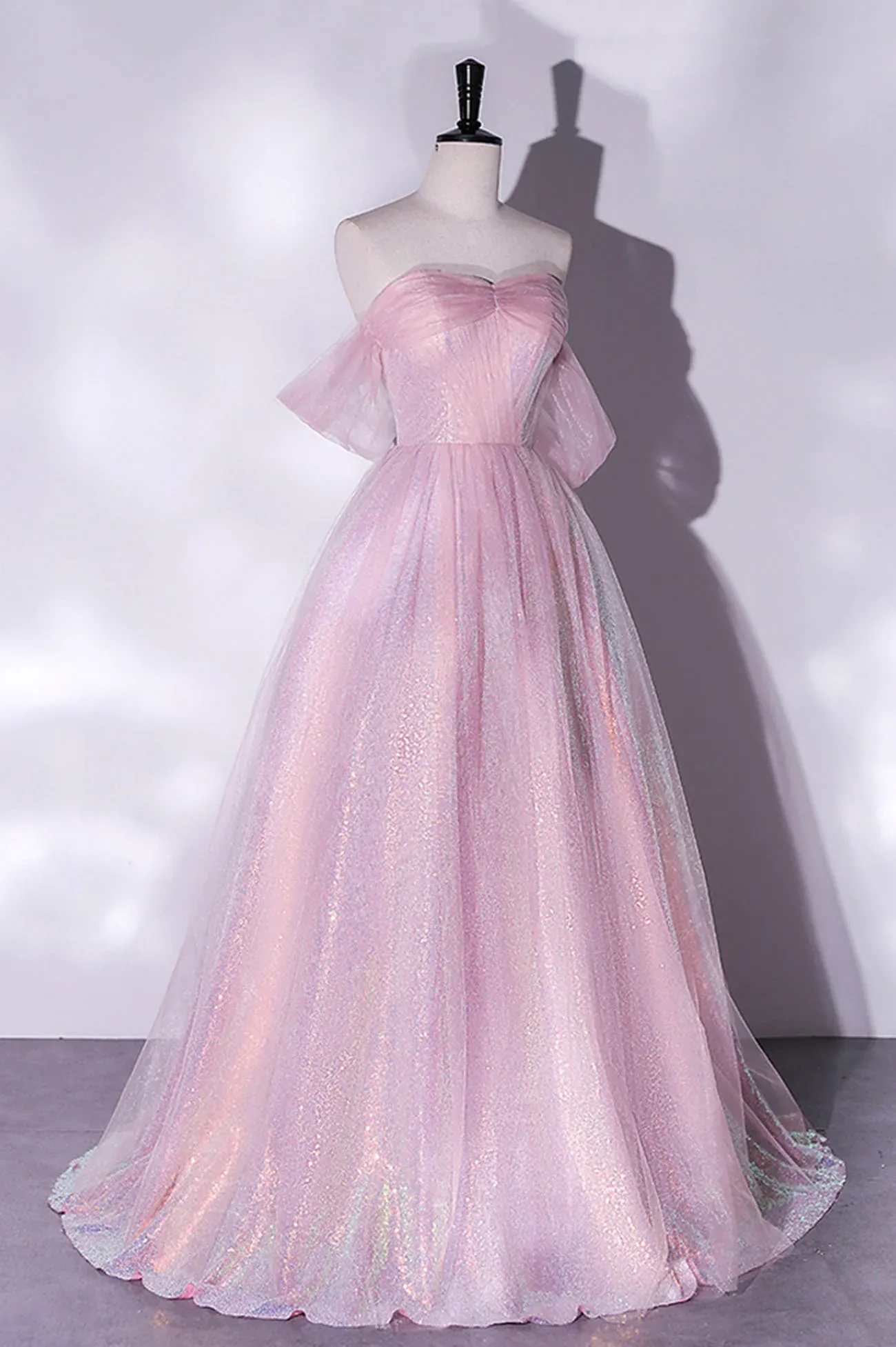 Cute Sweetheart Pink Sequins and Tulle Long Formal Dress, Pink A-line Prom Dress