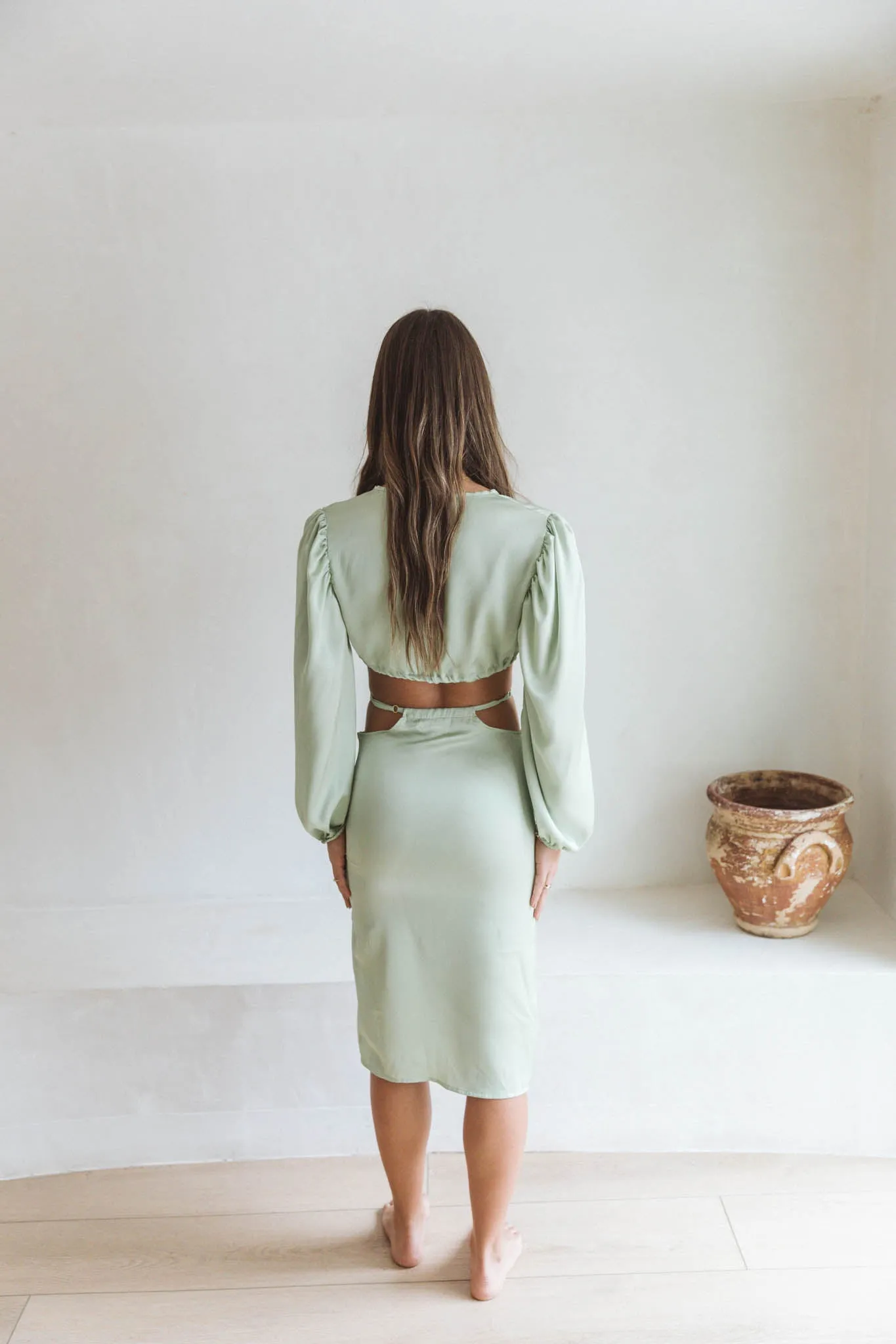 Elena Pastel Green Cut Out Midi Skirt