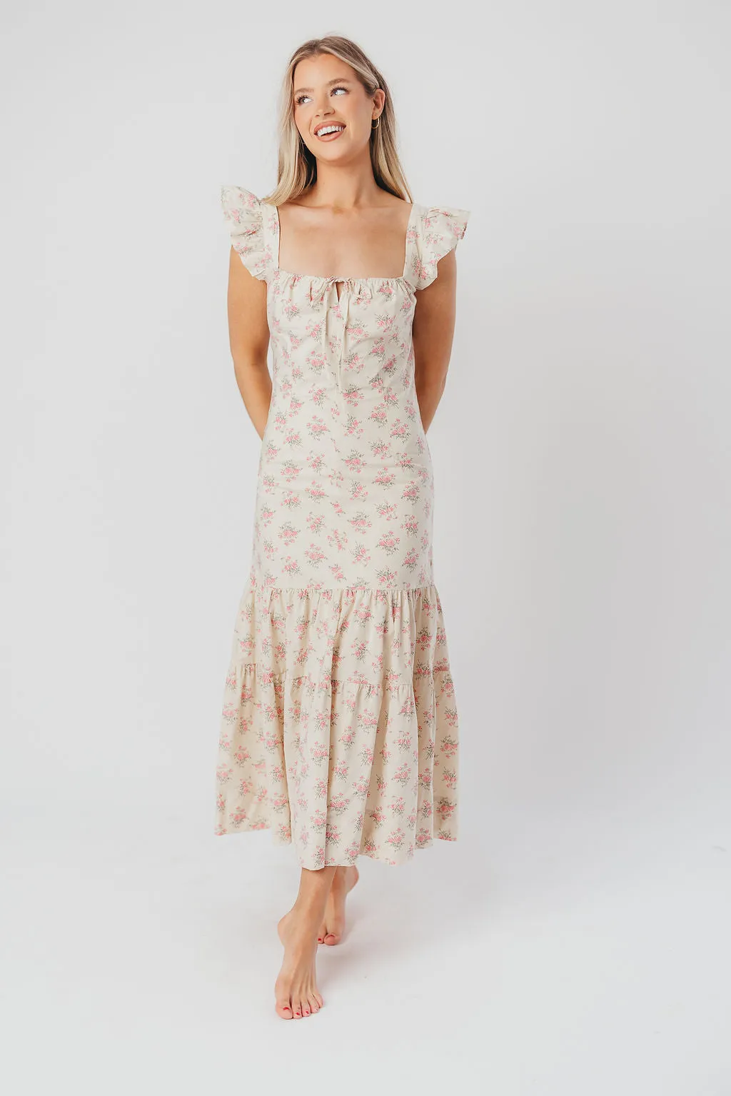 Emery Midi Dress in Pink and Cream (Sizes S-XL)