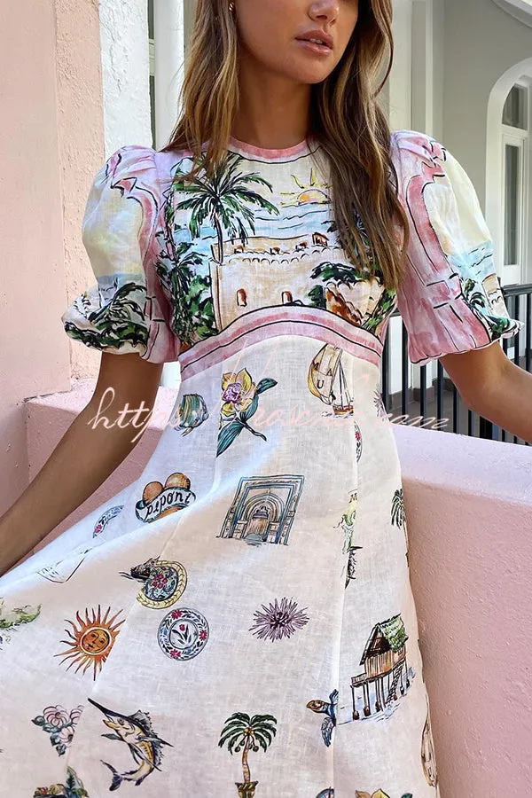 European Summer Sunset Linen Blend Unique Print Puff Sleeve Midi Dress