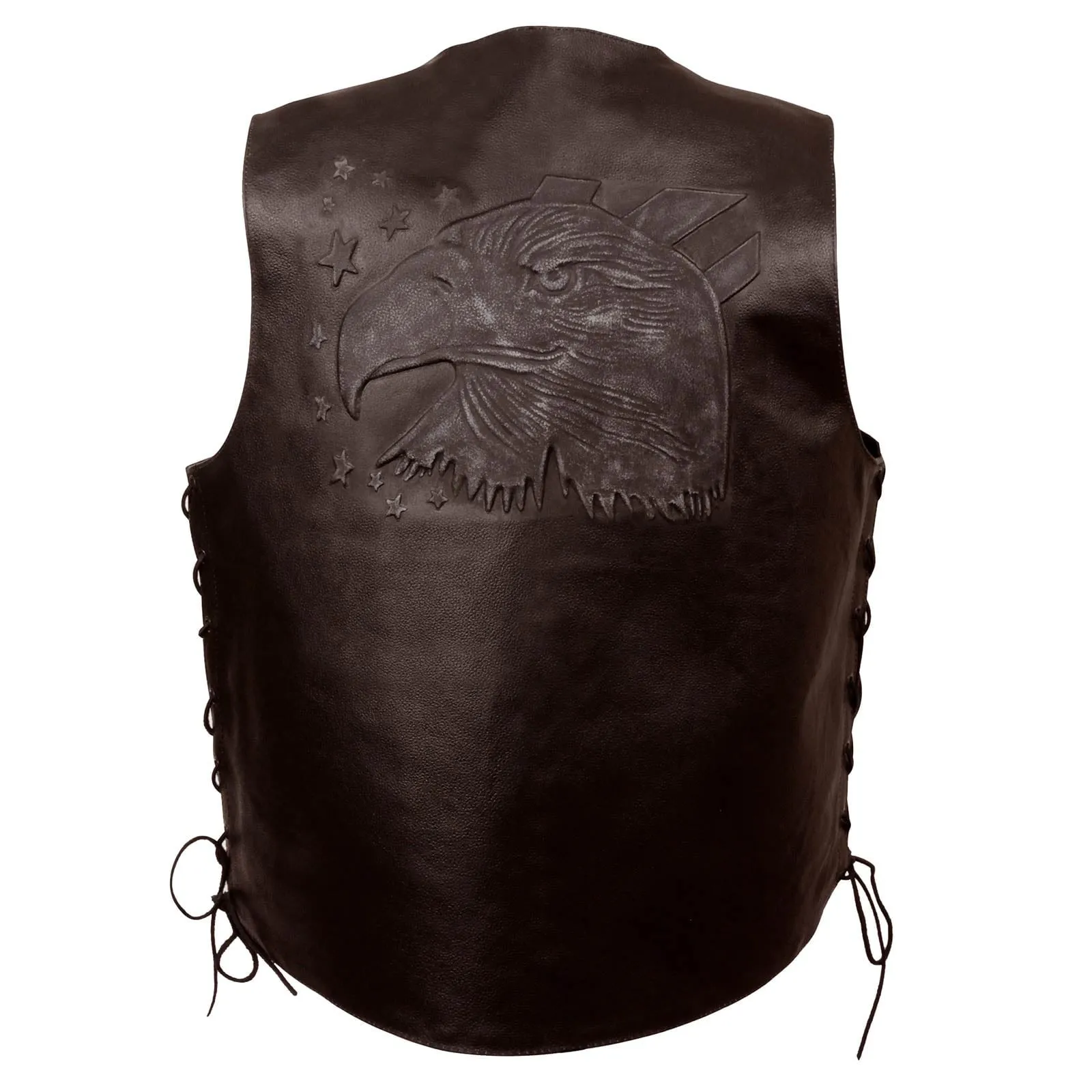 Event Leather ELM3940 Brown Motorcycle Leather Side Lace Vest for Men w/ Eagle Head and Stars Emboss