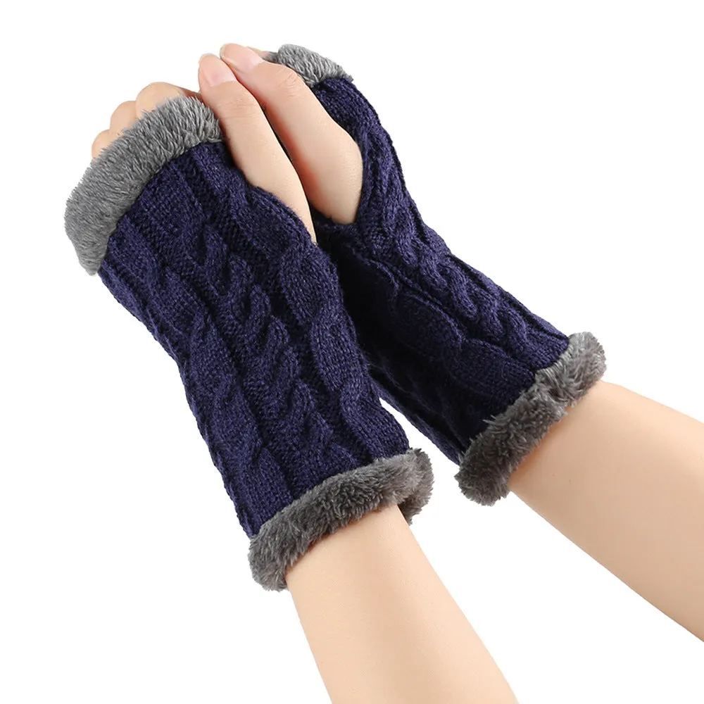 Fleece-lined Fluffy Gloves Twist Knitted Finger Leakage