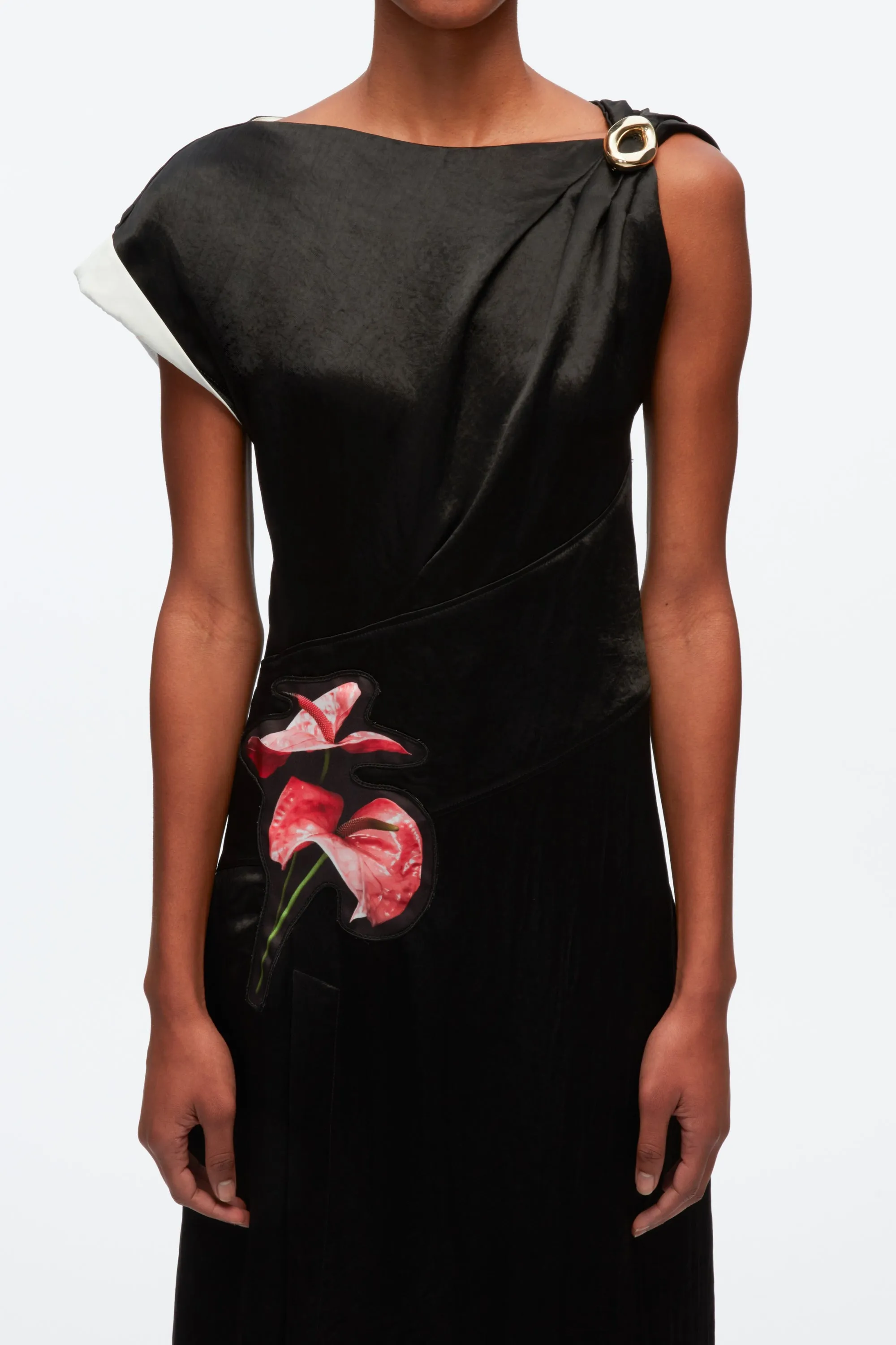 Floral Bouquet Appliqué Draped Twist Dress