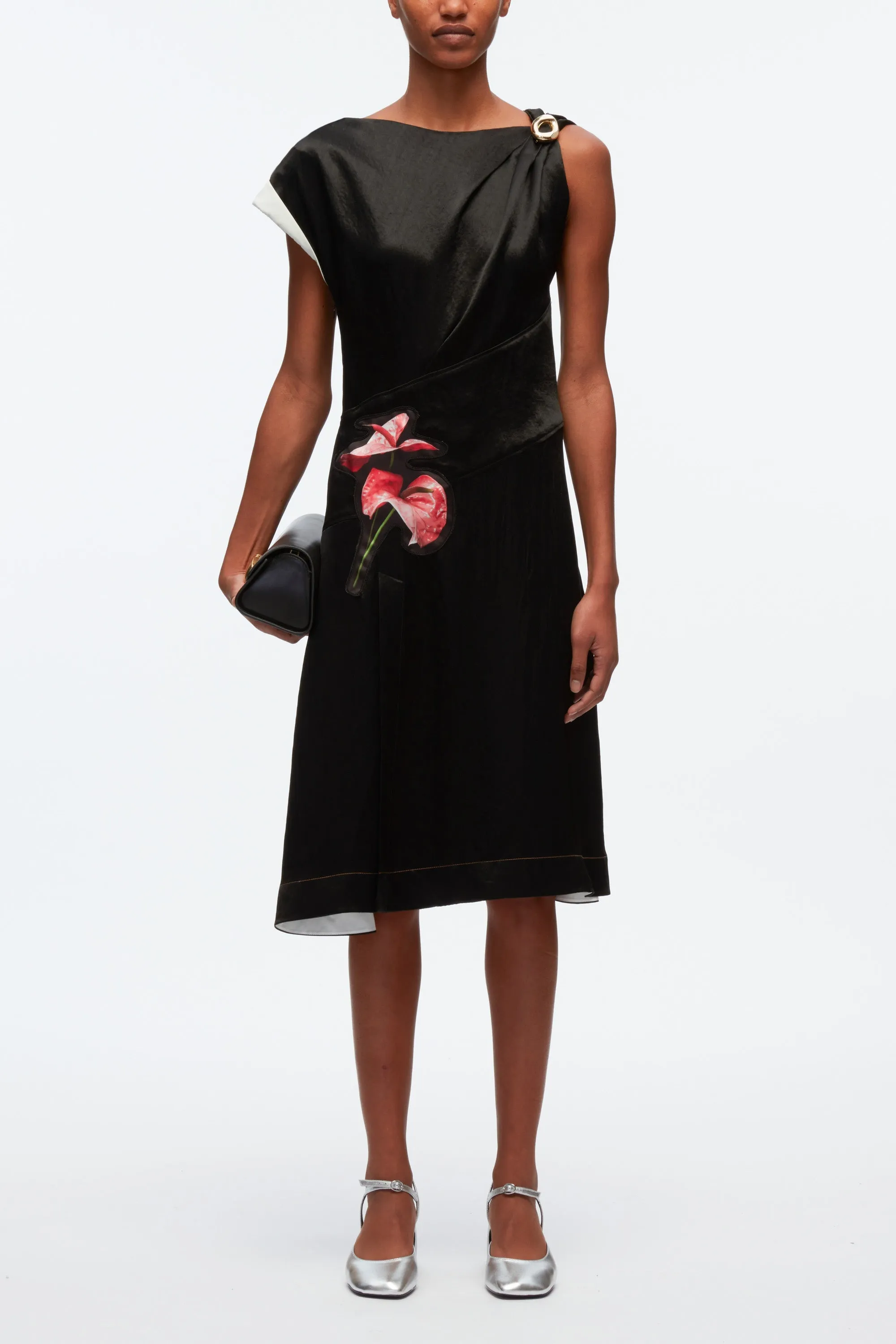 Floral Bouquet Appliqué Draped Twist Dress