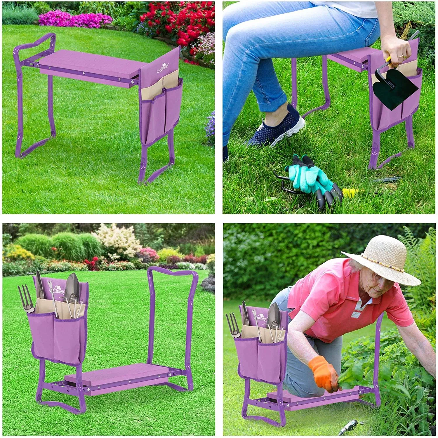 Foldable Garden Kneeling Bench Stool with Soft Foam and Tool Pouch, Purple