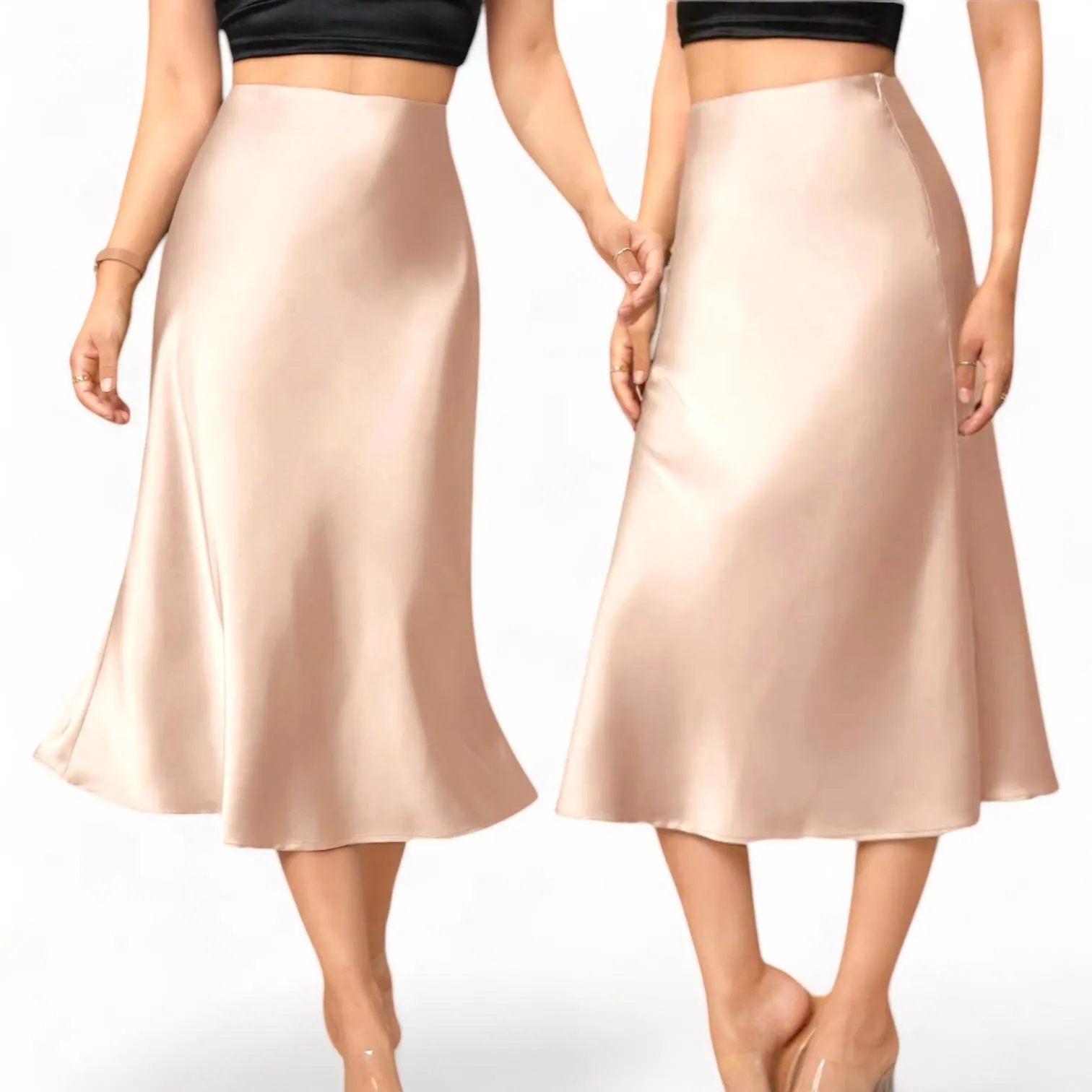 GBOSS Elegant Satin High Waist Midi Skirt