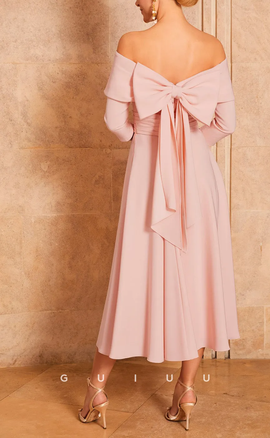 GM727 - Elegant & Classic A-Line Off Shoulder Quarter Sleeves Draped Bowknot Tea-Length Mother of the Bride Dress