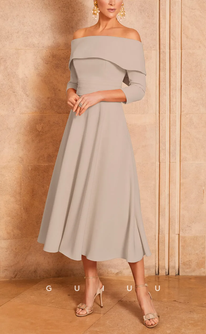 GM727 - Elegant & Classic A-Line Off Shoulder Quarter Sleeves Draped Bowknot Tea-Length Mother of the Bride Dress