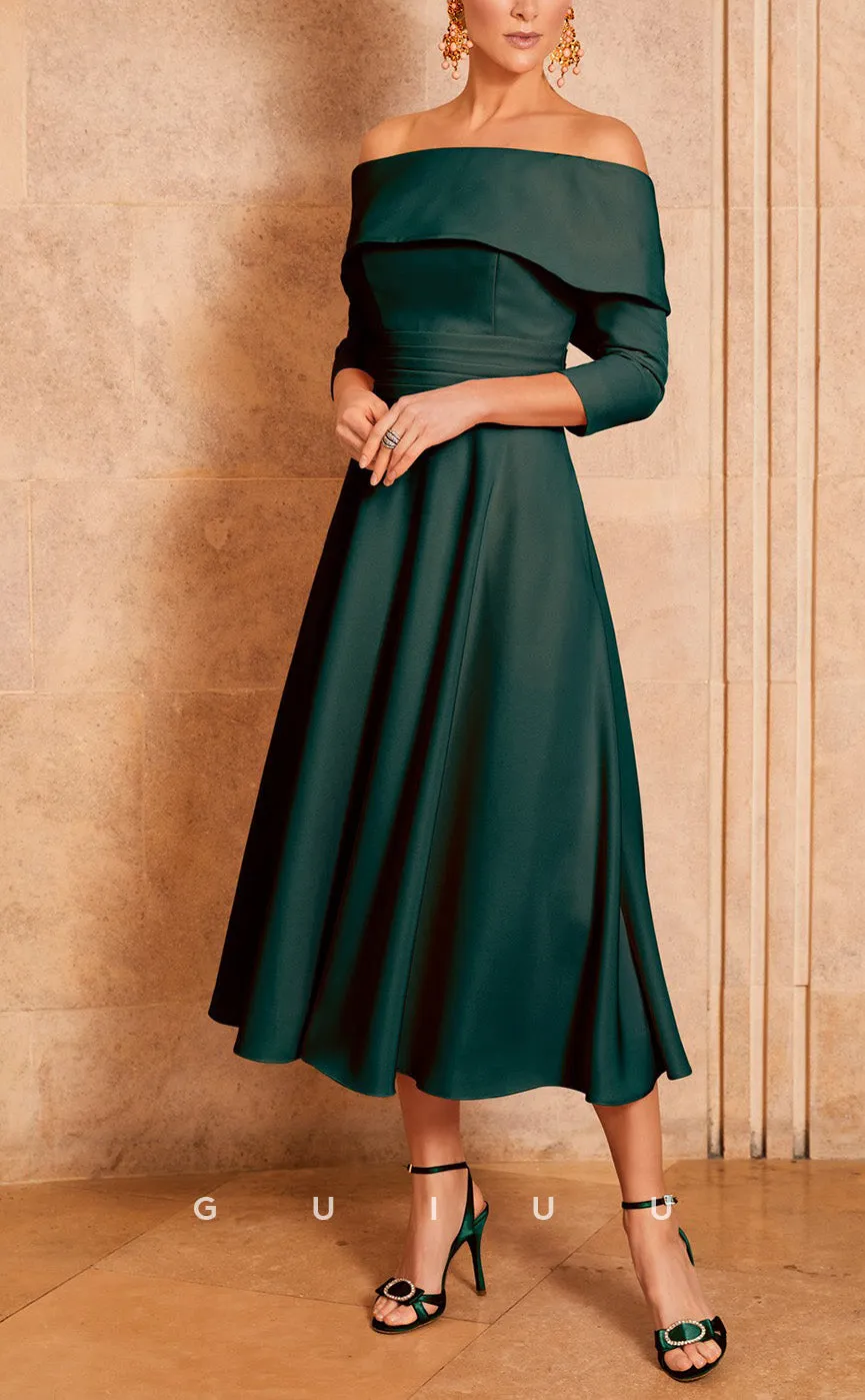 GM727 - Elegant & Classic A-Line Off Shoulder Quarter Sleeves Draped Bowknot Tea-Length Mother of the Bride Dress