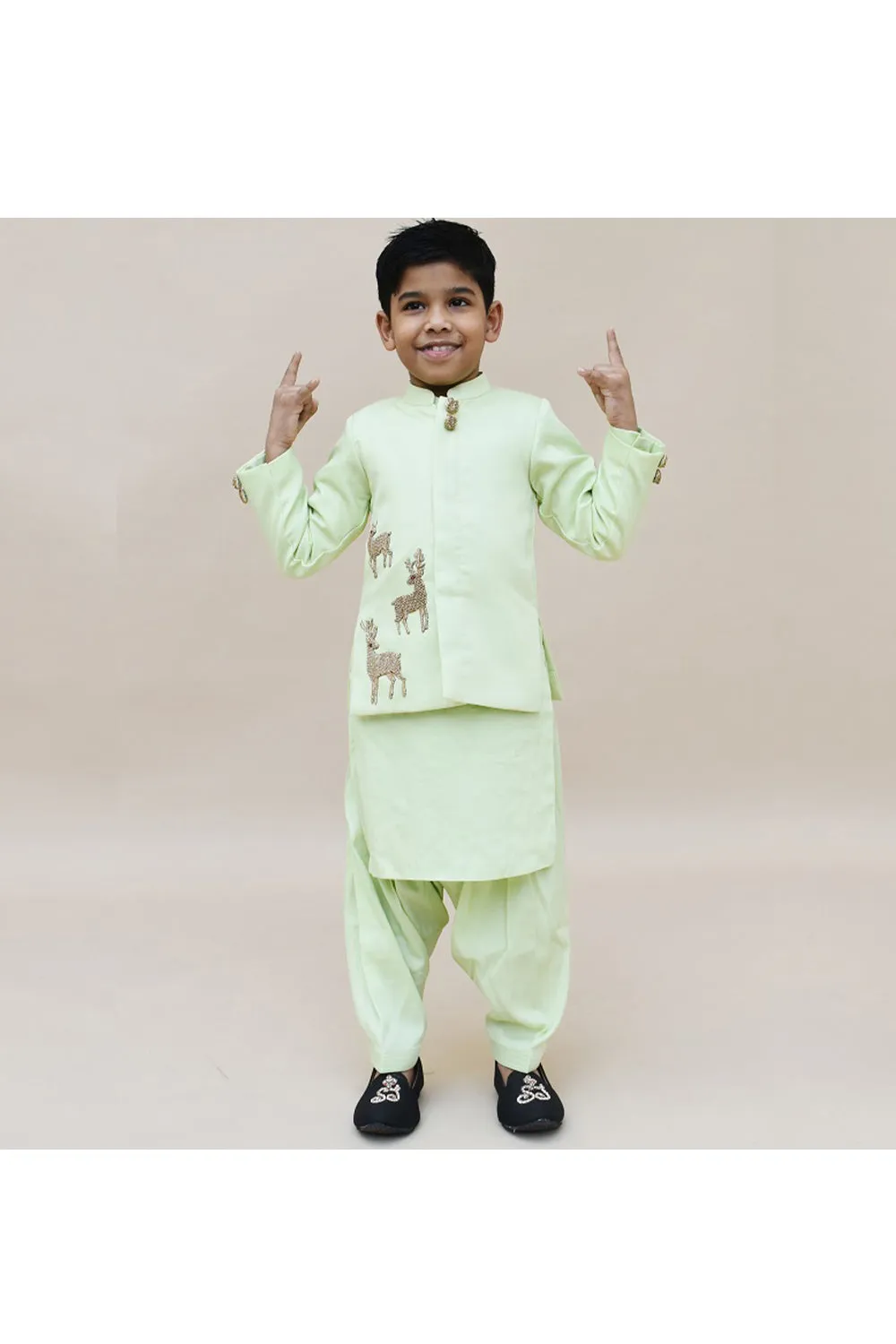 Green Kurta With Deer Motif Jacket And Salwar Set