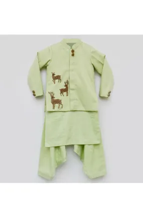 Green Kurta With Deer Motif Jacket And Salwar Set