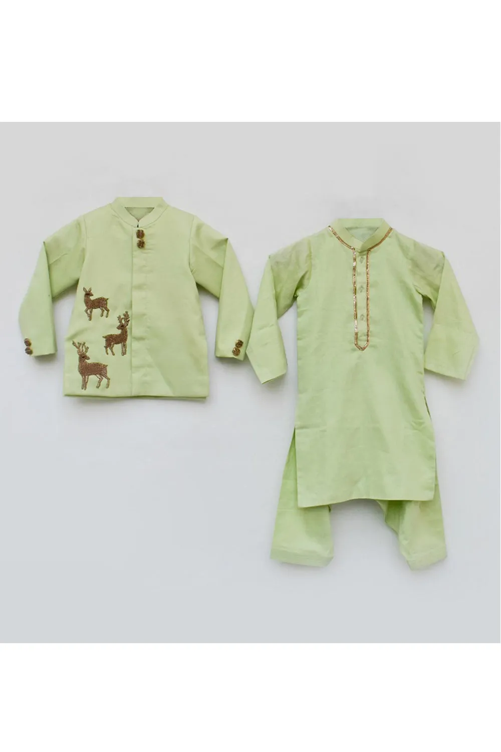 Green Kurta With Deer Motif Jacket And Salwar Set