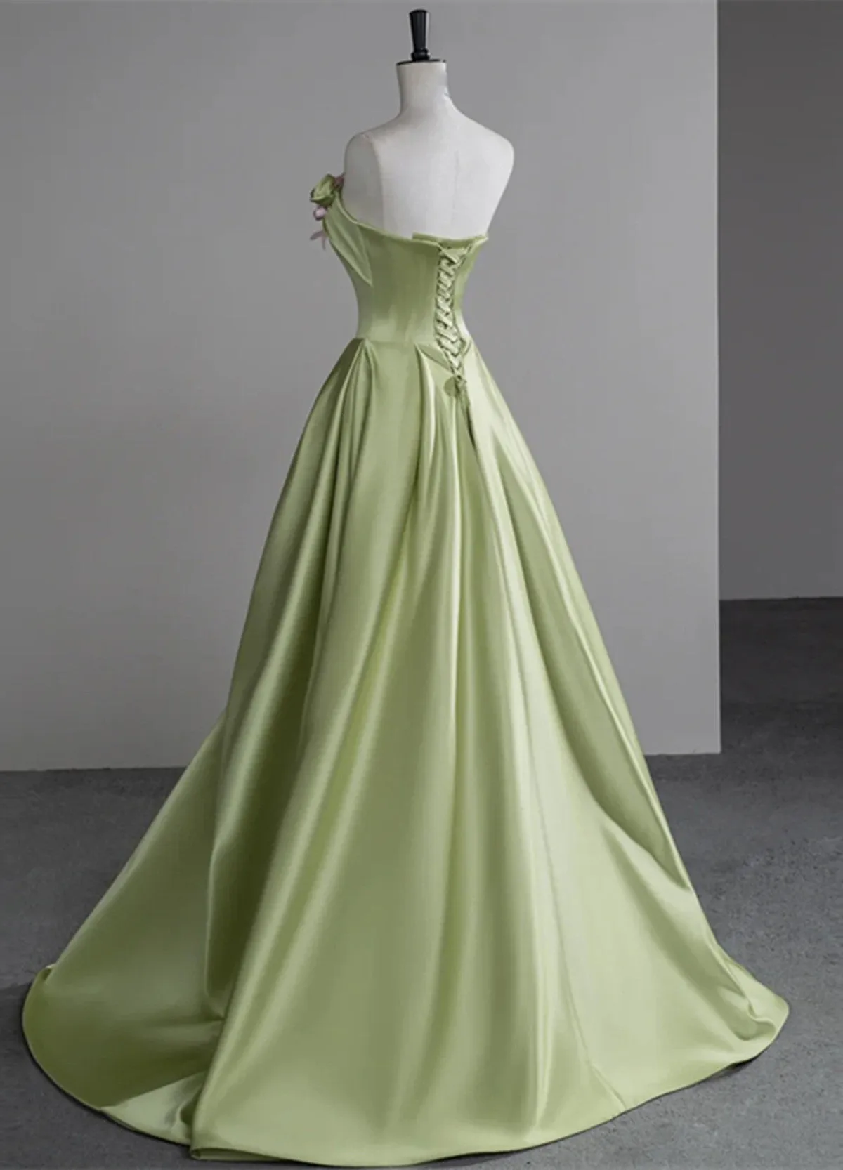 Green Satin A-line Party Dress with Flowers, Green Long Prom Dress