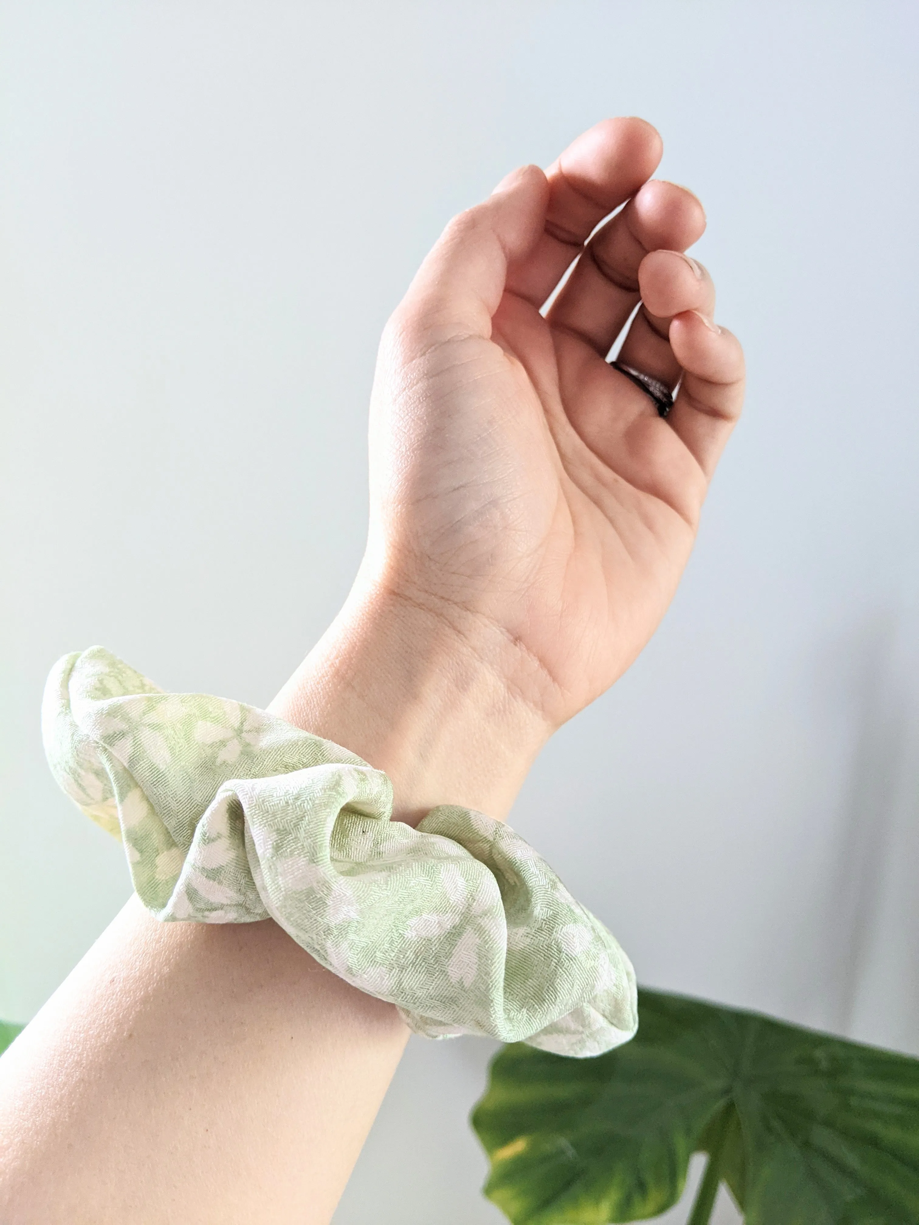 Green Ume and Sakura Silk Scrunchie