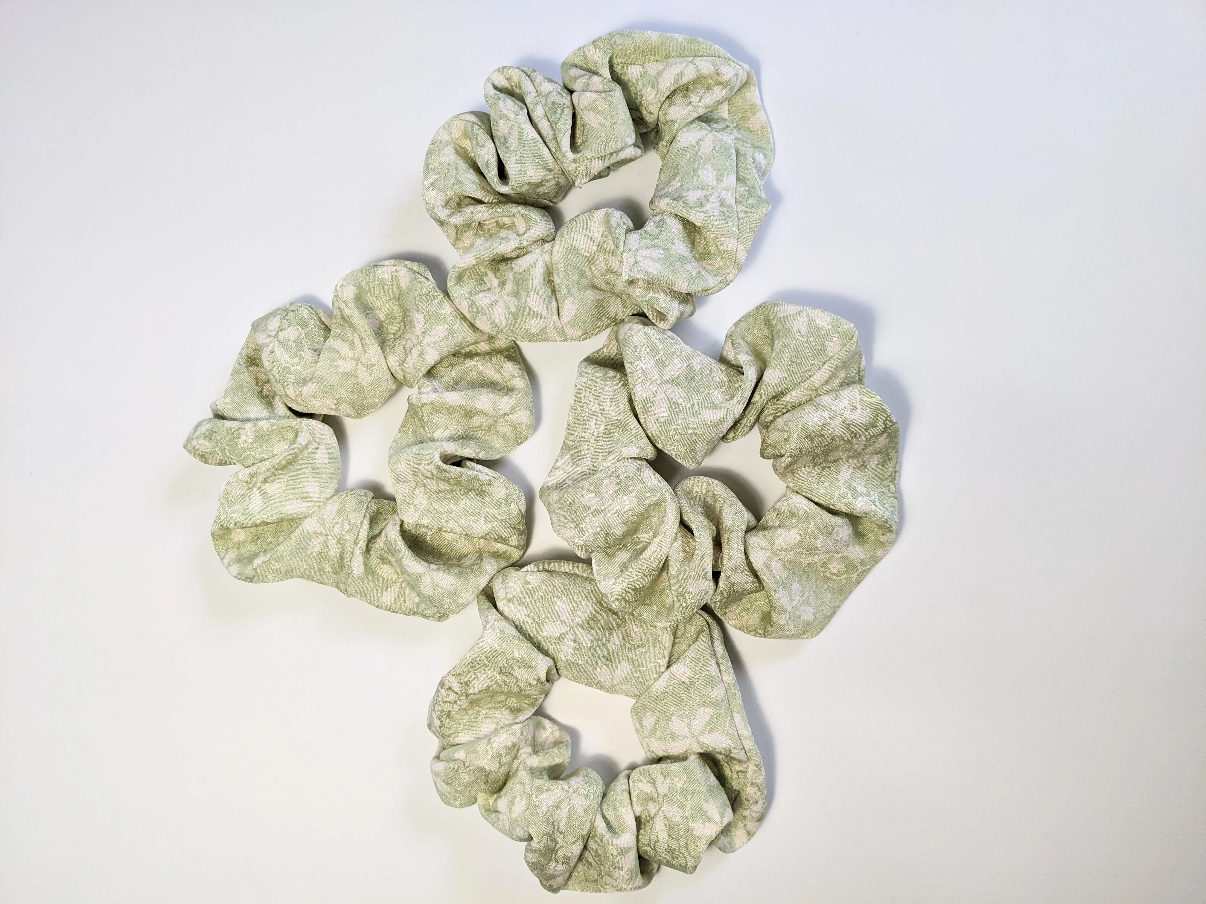 Green Ume and Sakura Silk Scrunchie