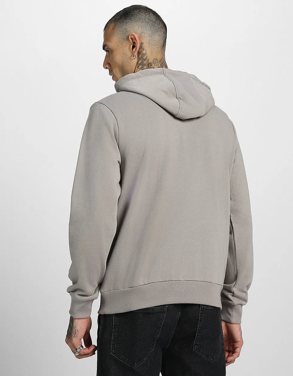 Grey Plain Regular Fit Hoodie