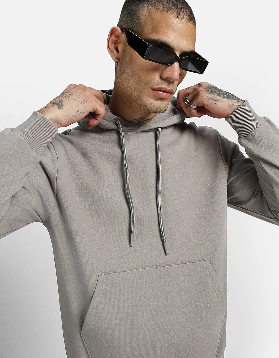 Grey Plain Regular Fit Hoodie