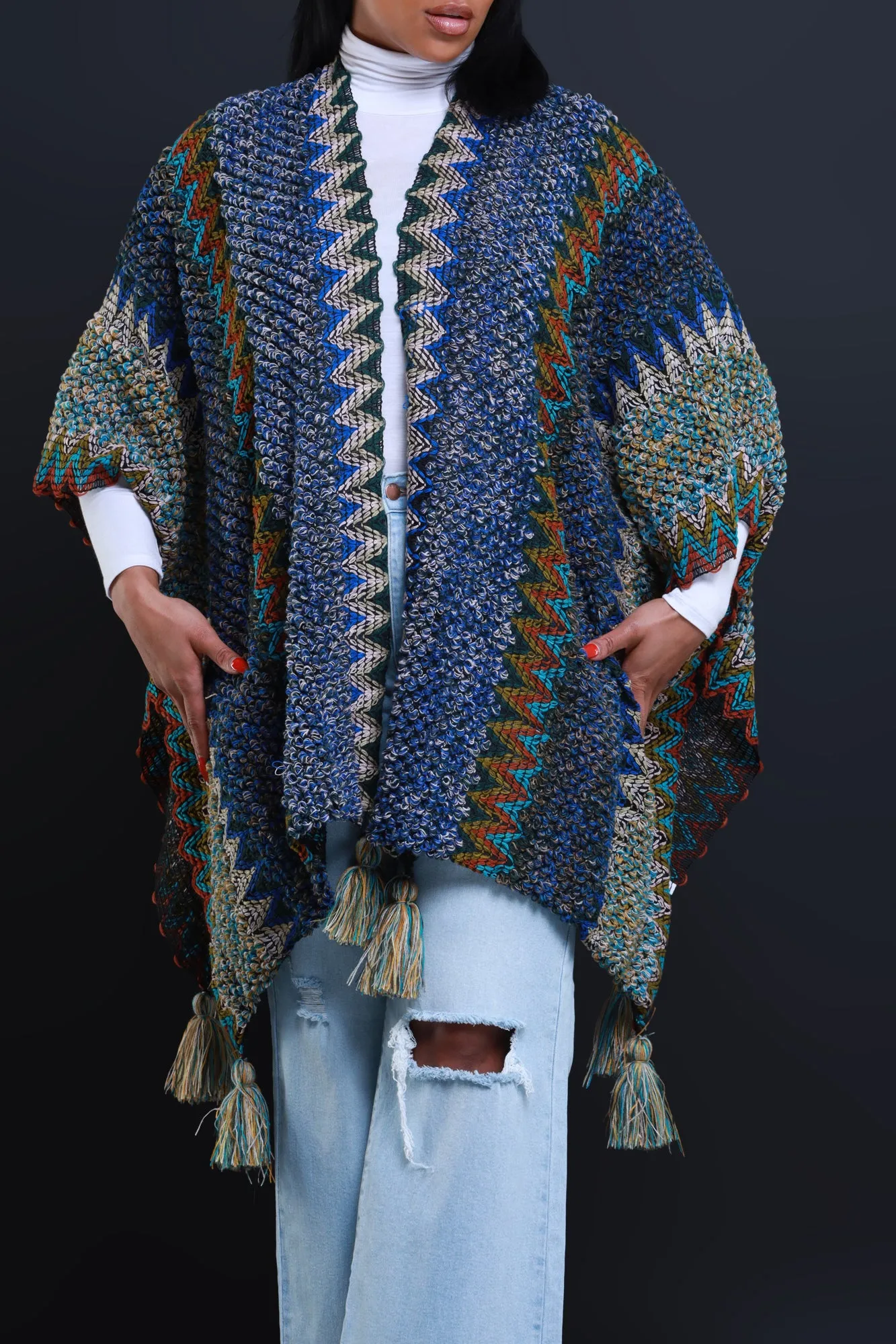 Here's The Thing Crochet Poncho - Cobalt Blue Multicolor