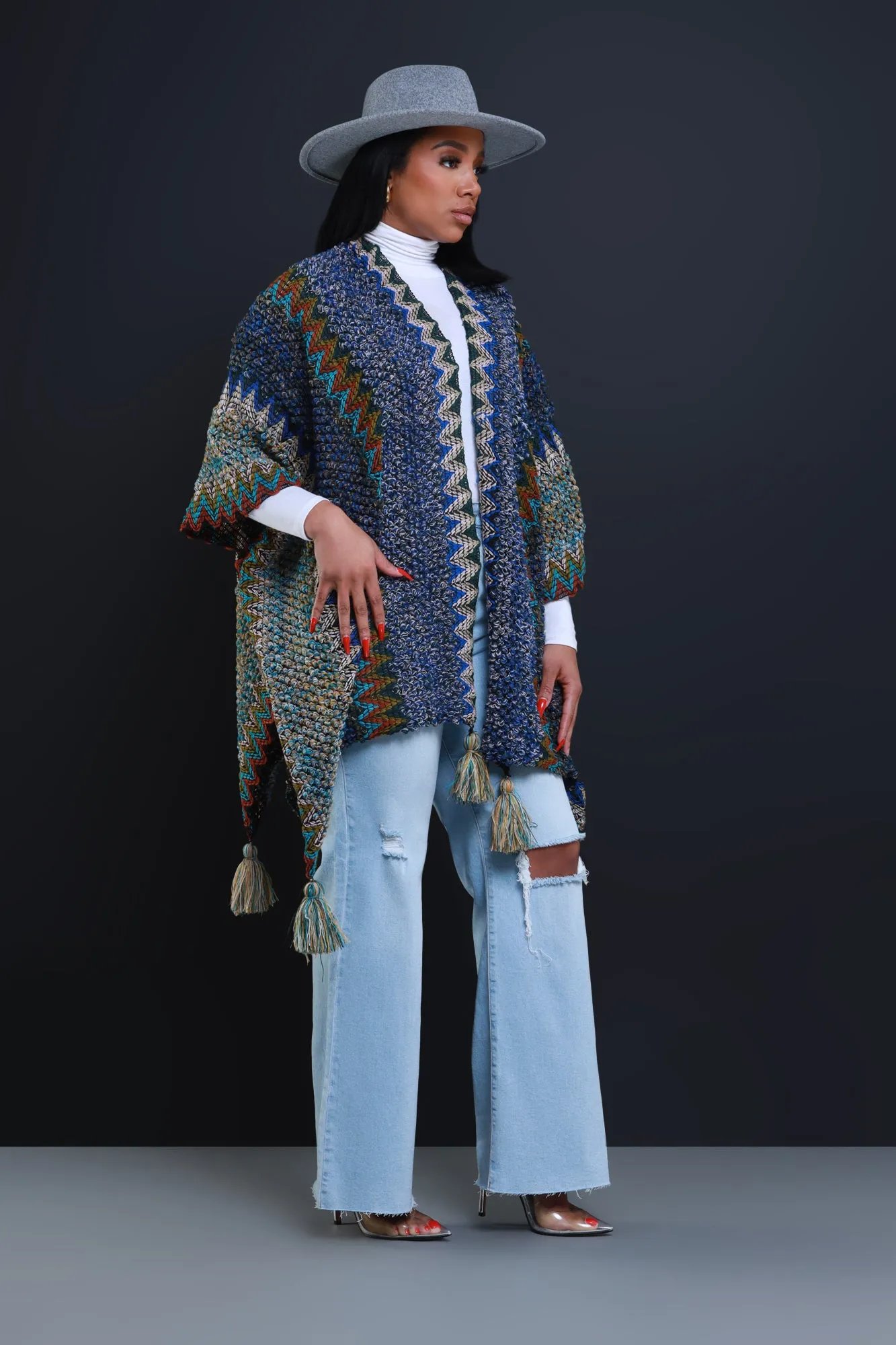 Here's The Thing Crochet Poncho - Cobalt Blue Multicolor