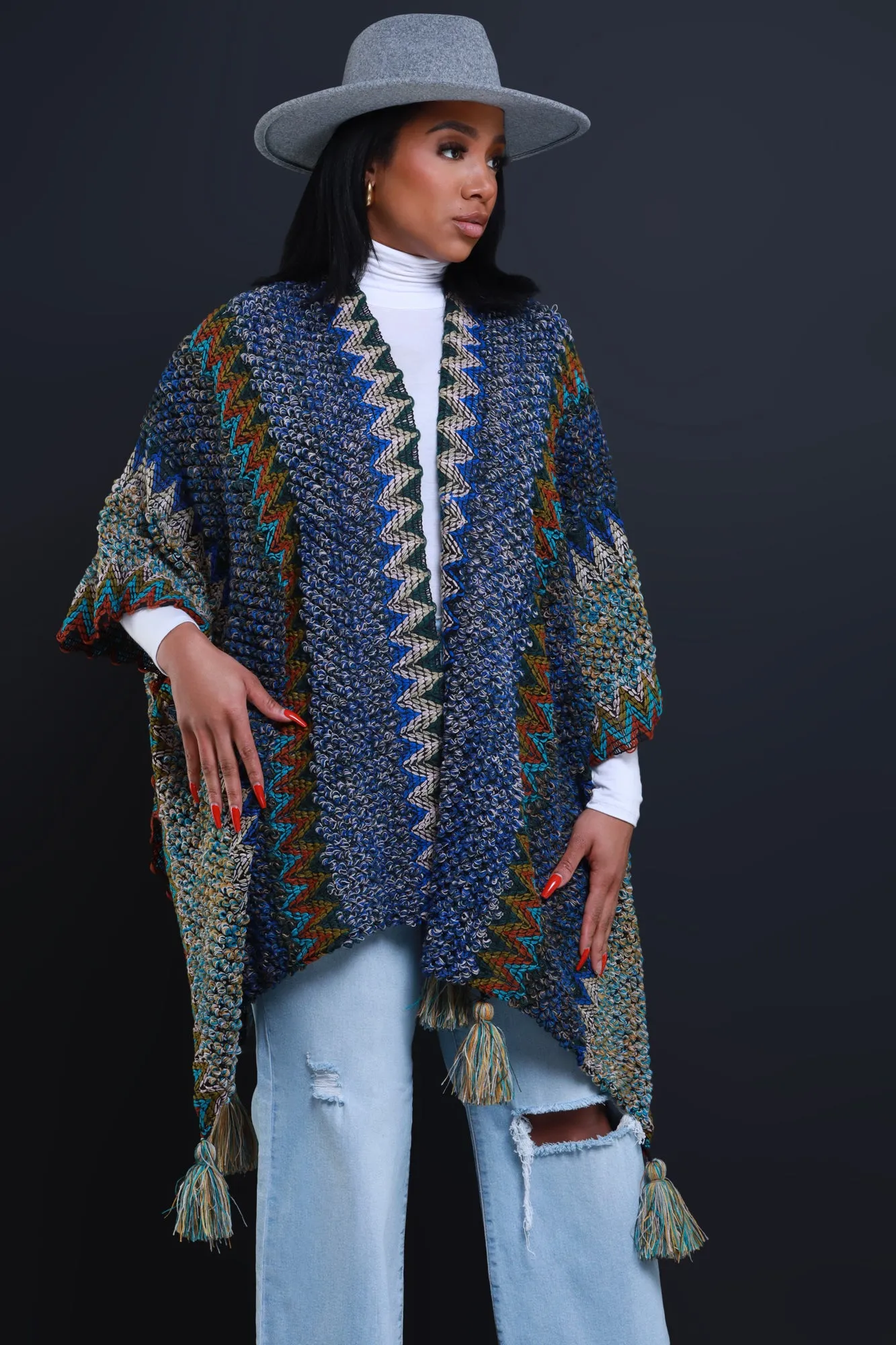 Here's The Thing Crochet Poncho - Cobalt Blue Multicolor