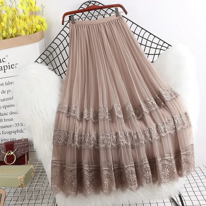 High-Waist Sheer Tulle Midi Skirts with Elegant Laces