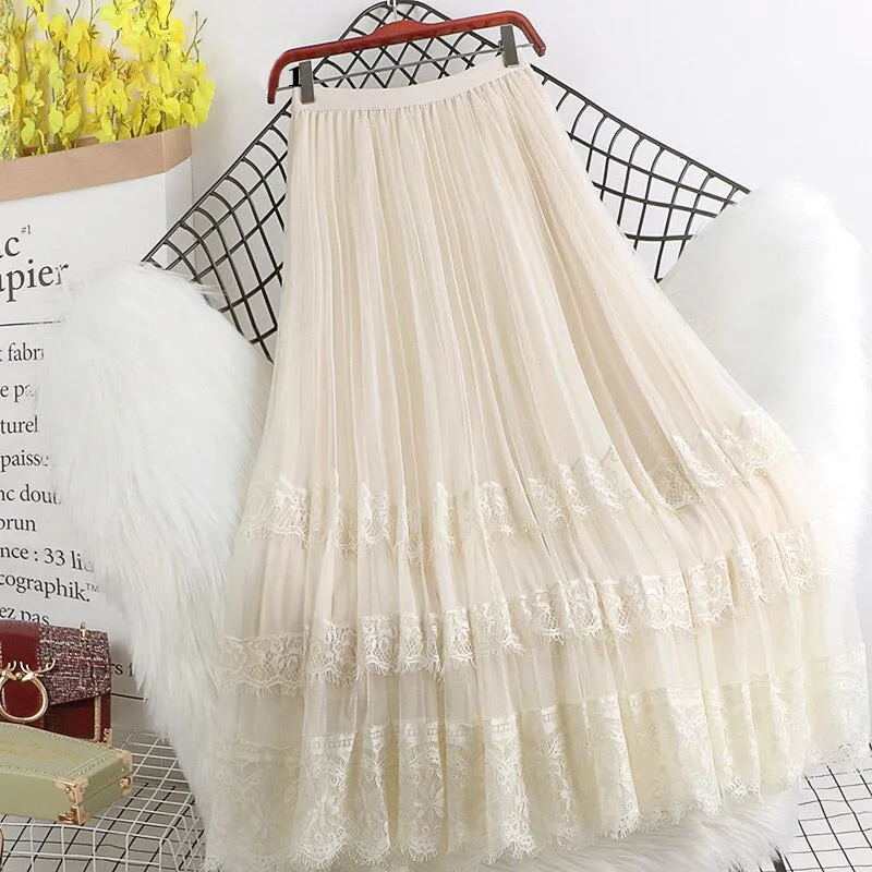 High-Waist Sheer Tulle Midi Skirts with Elegant Laces