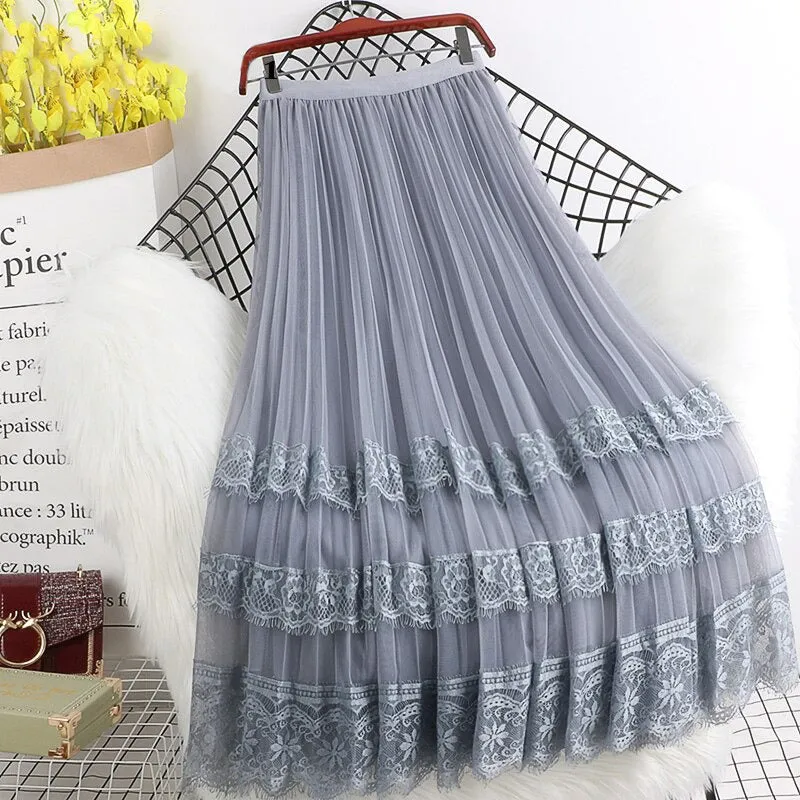 High-Waist Sheer Tulle Midi Skirts with Elegant Laces