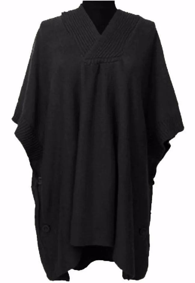 Hooded Poncho With Button Detail