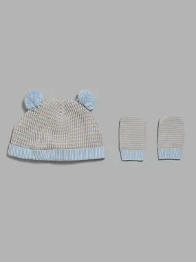 HOP Baby Blue Striped Pom Pom Beanie with Paw Mitten Set