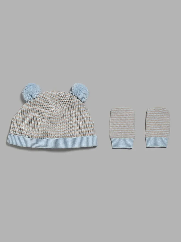 HOP Baby Blue Striped Pom Pom Beanie with Paw Mitten Set