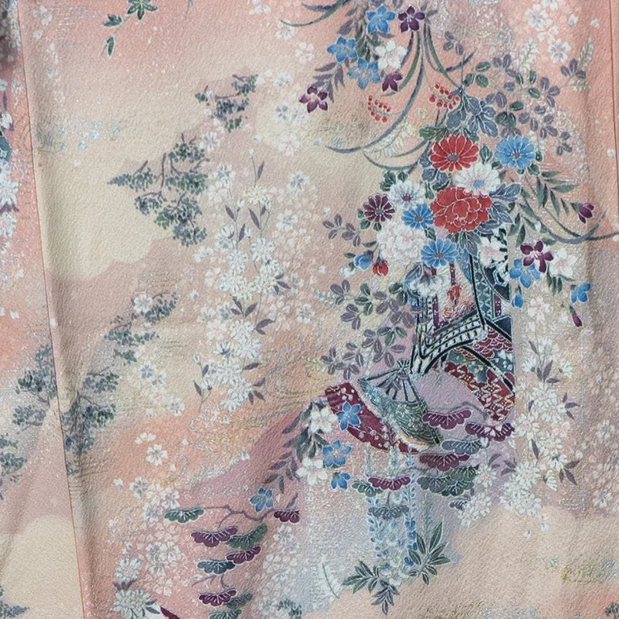 Intricately Detailed Pink Kimono - Flowers, Fans, Village - Sakura Cherry Blossoms img