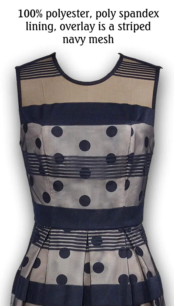 J. Peterman Women's Fit and Flare Sheer Neckline Polka Dot and Striped Sleeveless Dress in Navy and Cream