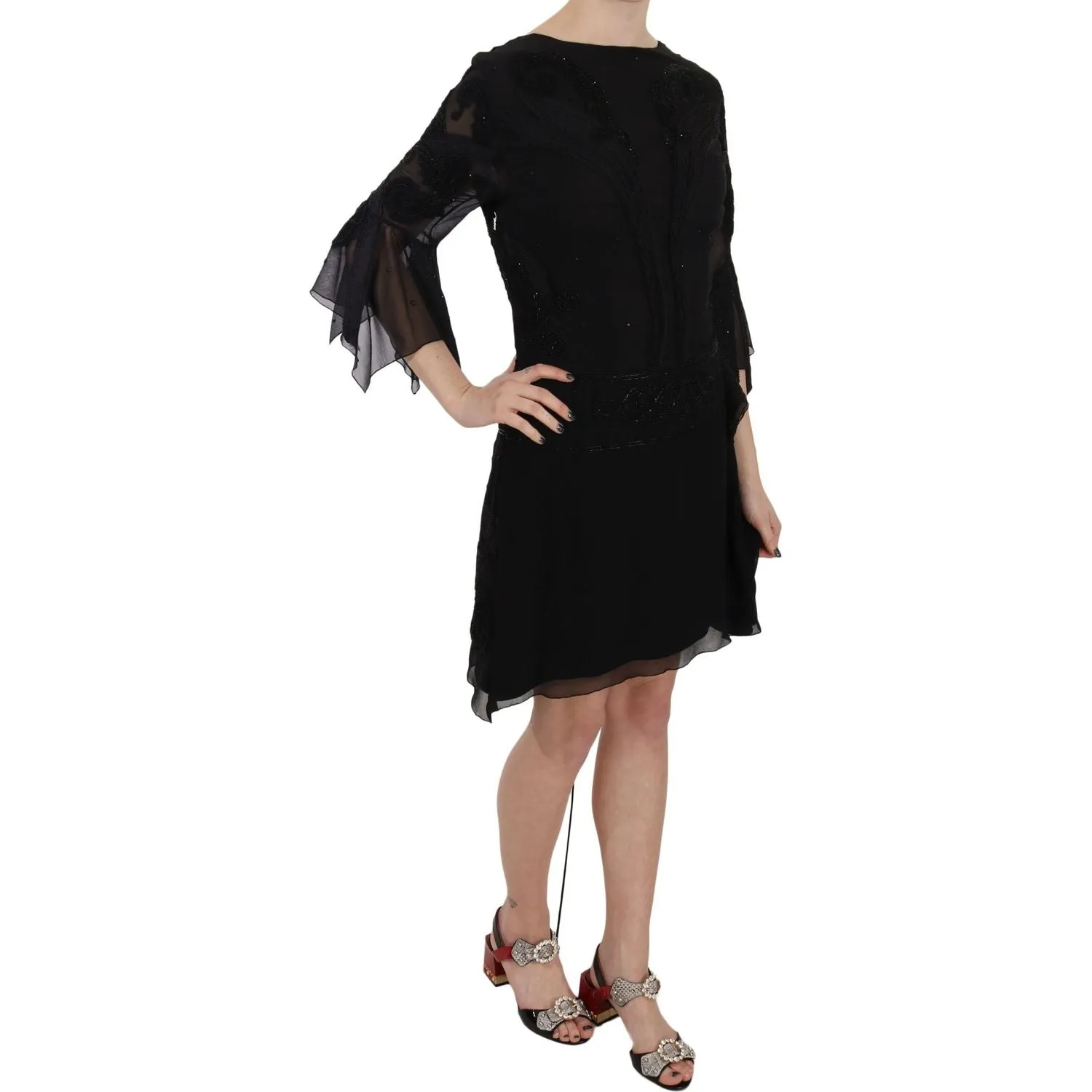 John Richmond Elegant Black Sequined Silk Mini Dress