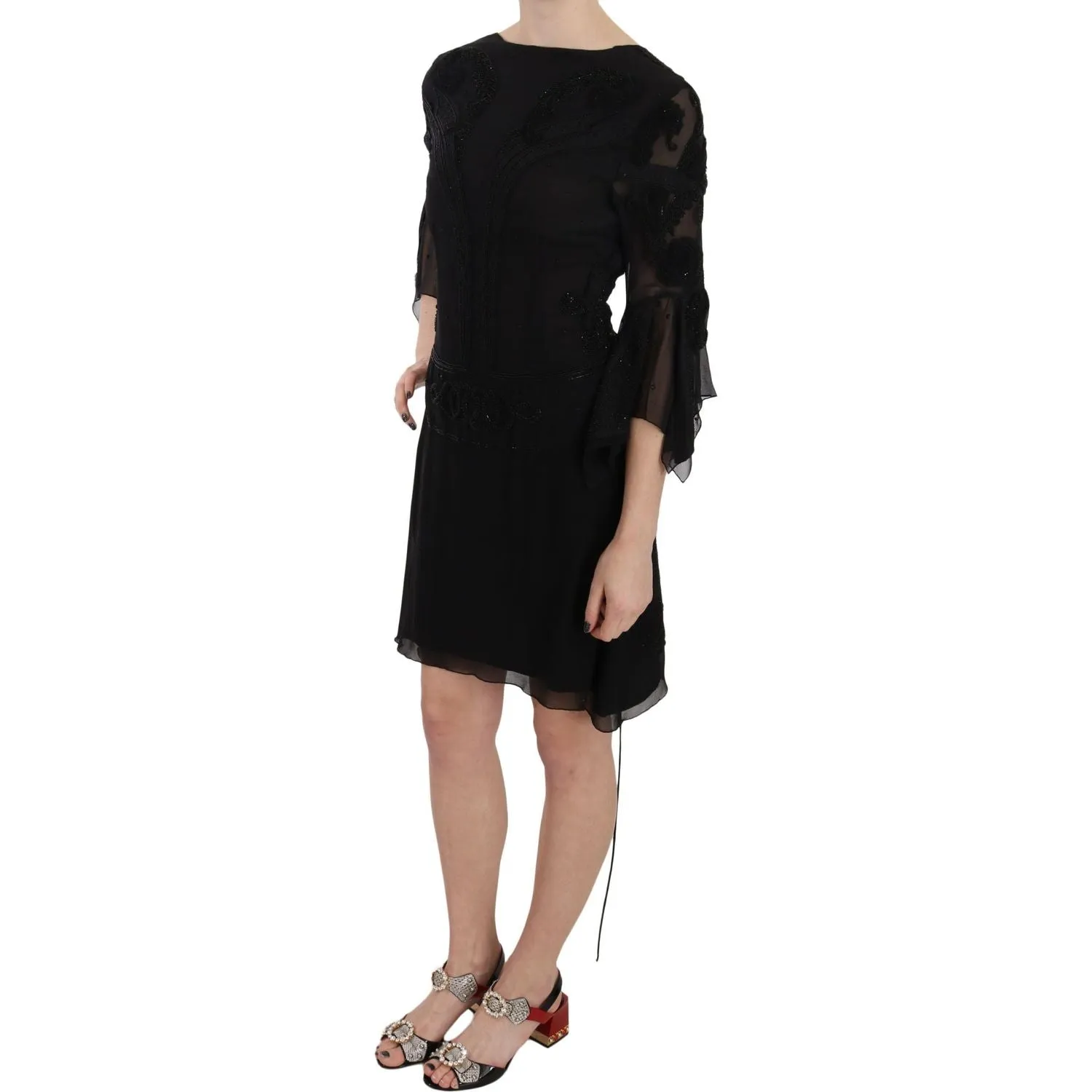 John Richmond Elegant Black Sequined Silk Mini Dress