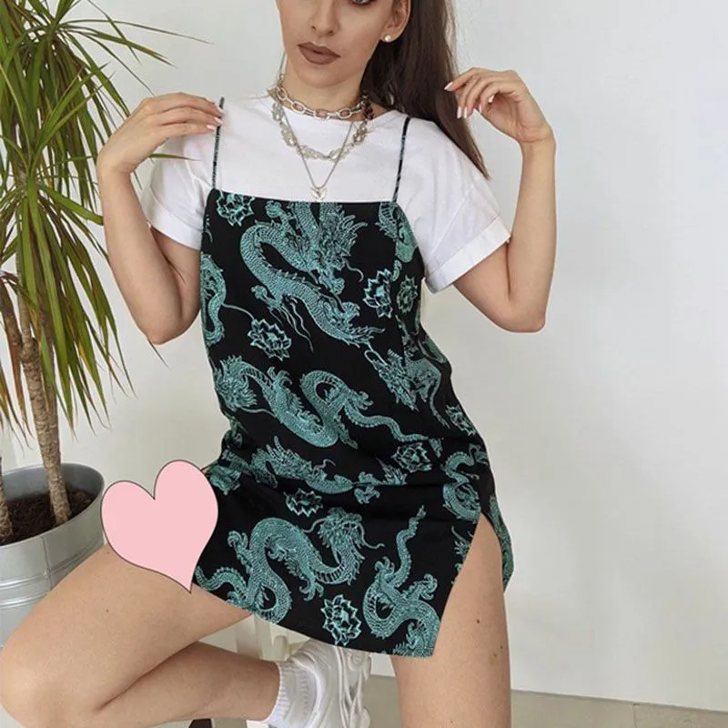 King Style Chinese Dragon Print Spaghetti Strap Slip Dress Side Slit