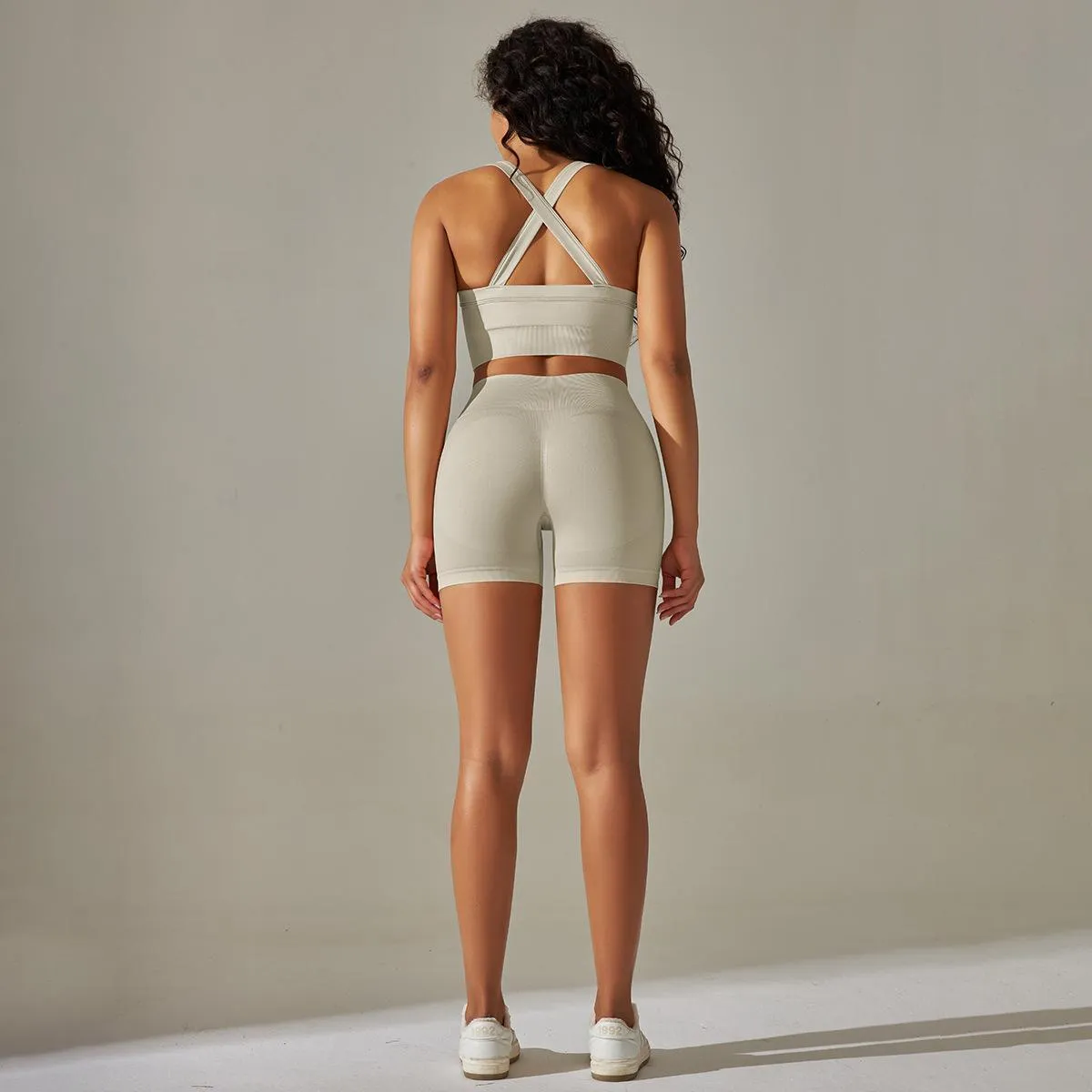 Knitted Cross Back Bra Vest High Waist Peach Hip Tights Sports Yoga Suit Women