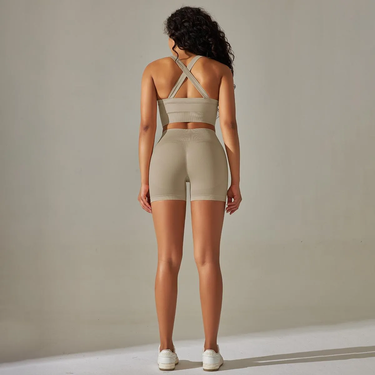 Knitted Cross Back Bra Vest High Waist Peach Hip Tights Sports Yoga Suit Women