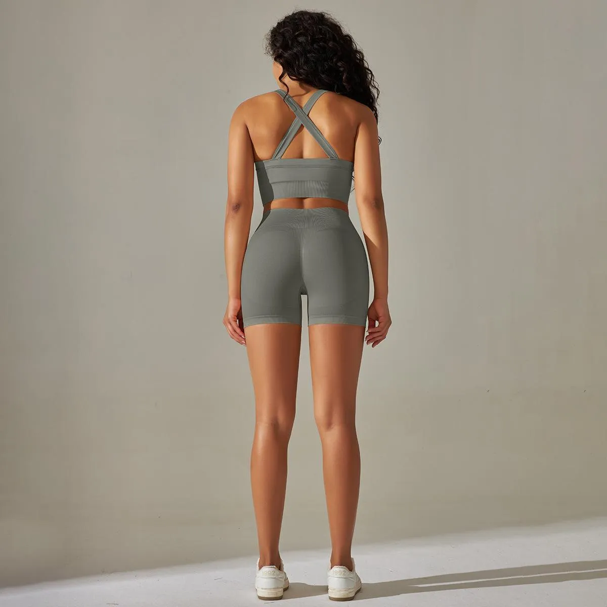 Knitted Cross Back Bra Vest High Waist Peach Hip Tights Sports Yoga Suit Women