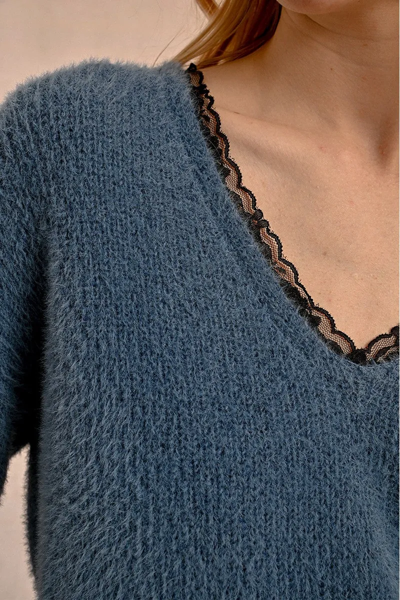 Lace Trim V-Neck Sweater