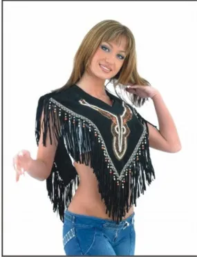 Ladies Black Decorative Poncho with Beads & Fringes