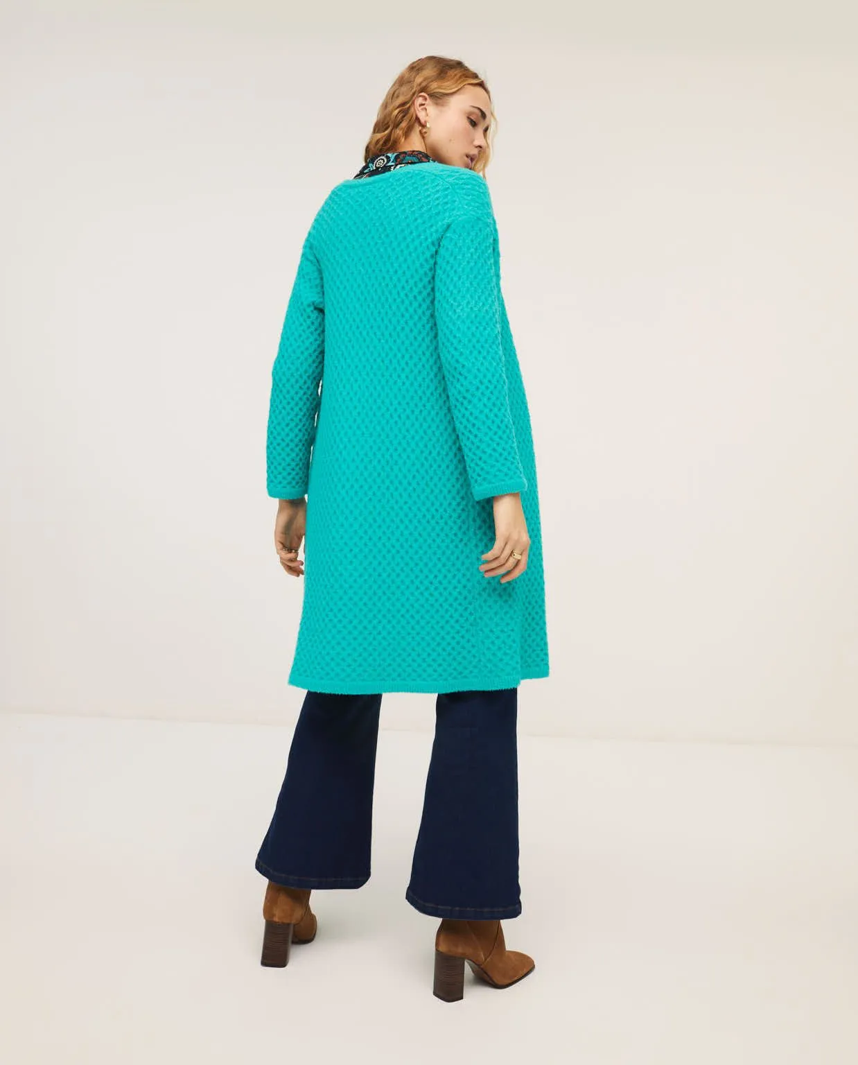 Lang vest met kabelstructuur | Surkana braid knitted coat with V-neck turquoise