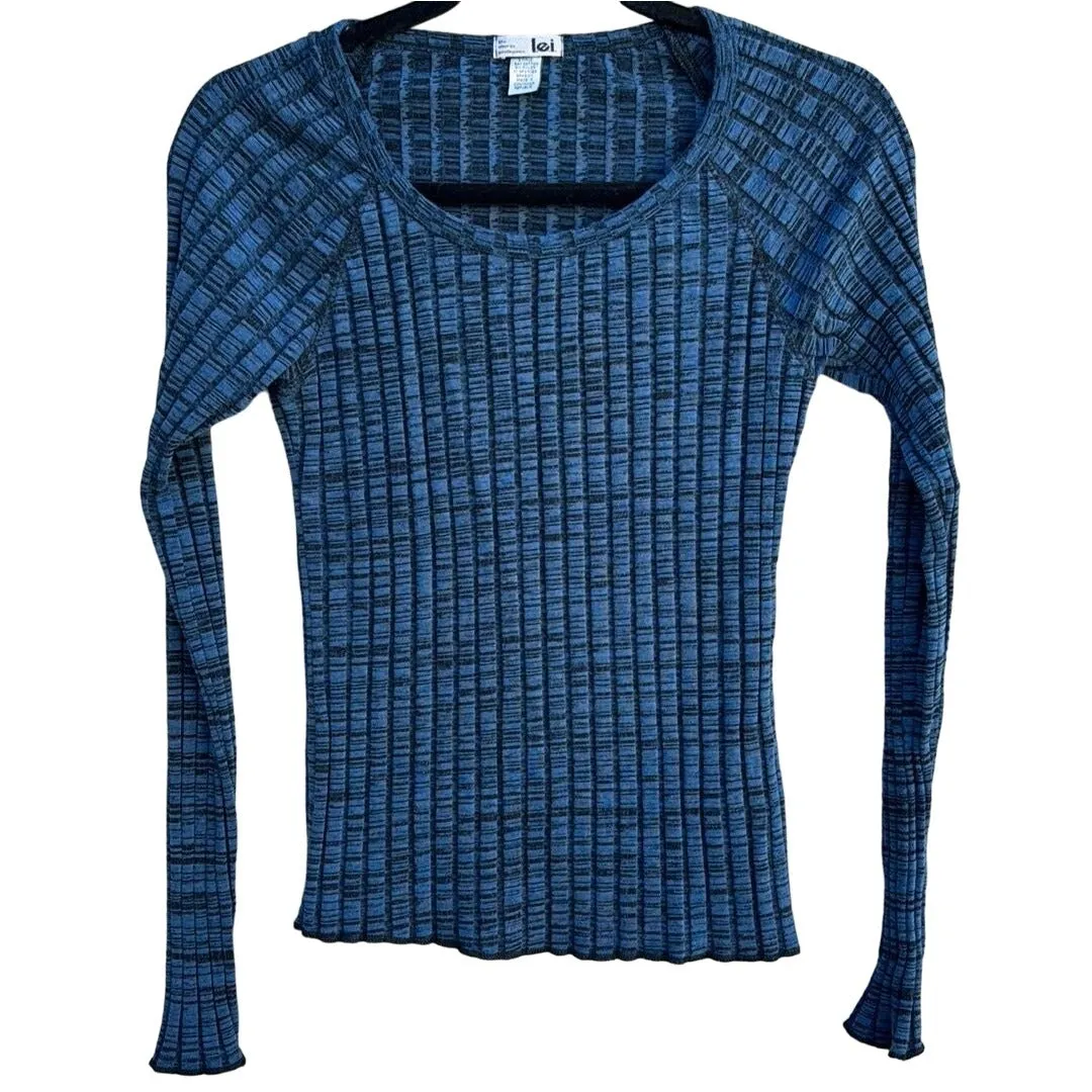 LEI Life Energy Intelligence Women's Blue Black Long Sleeve Ribbed Knit Top - L