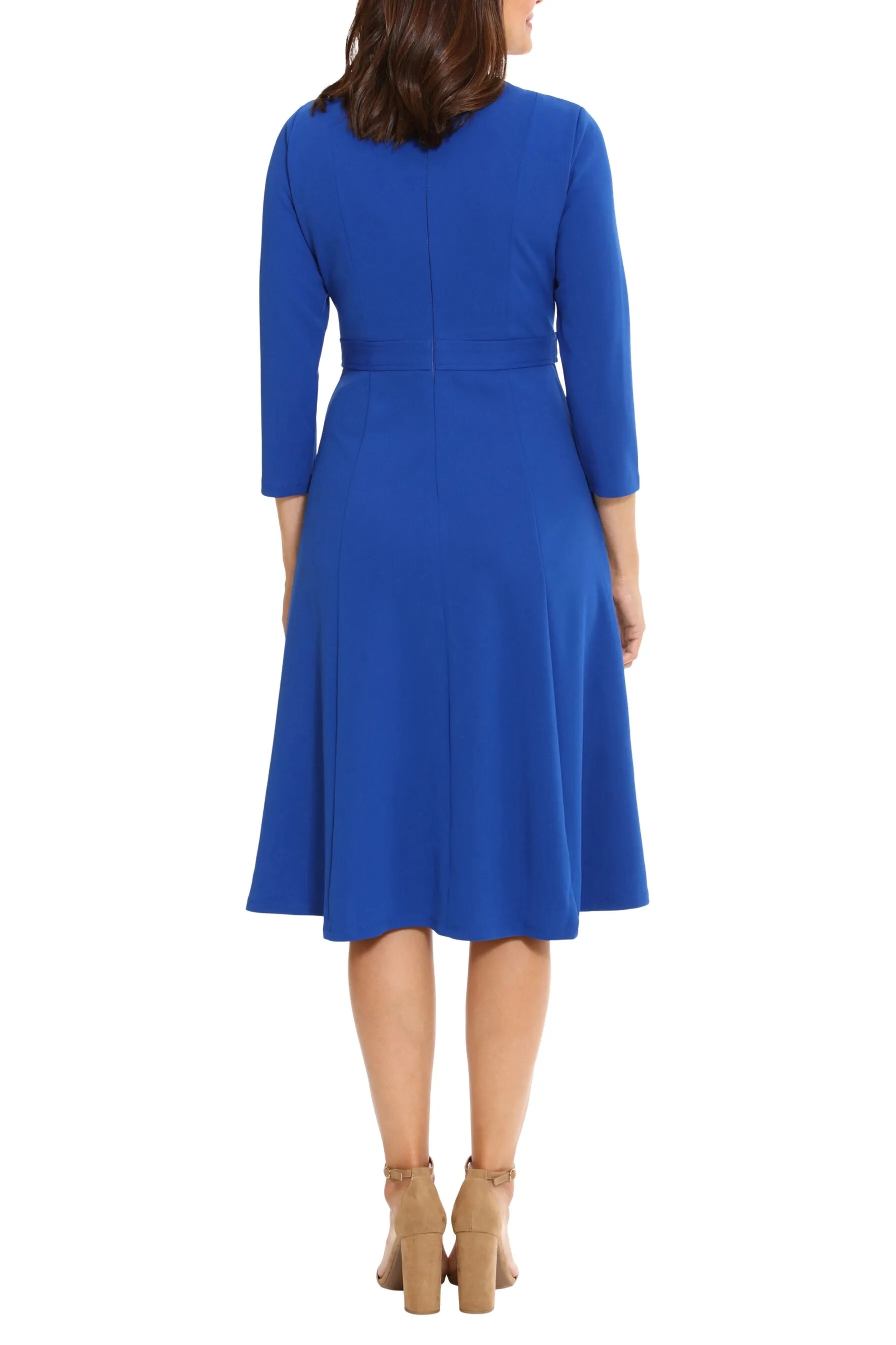 London Times 3/4 Sleeve Seamed Side Tab Fit & Flare Midi Dress